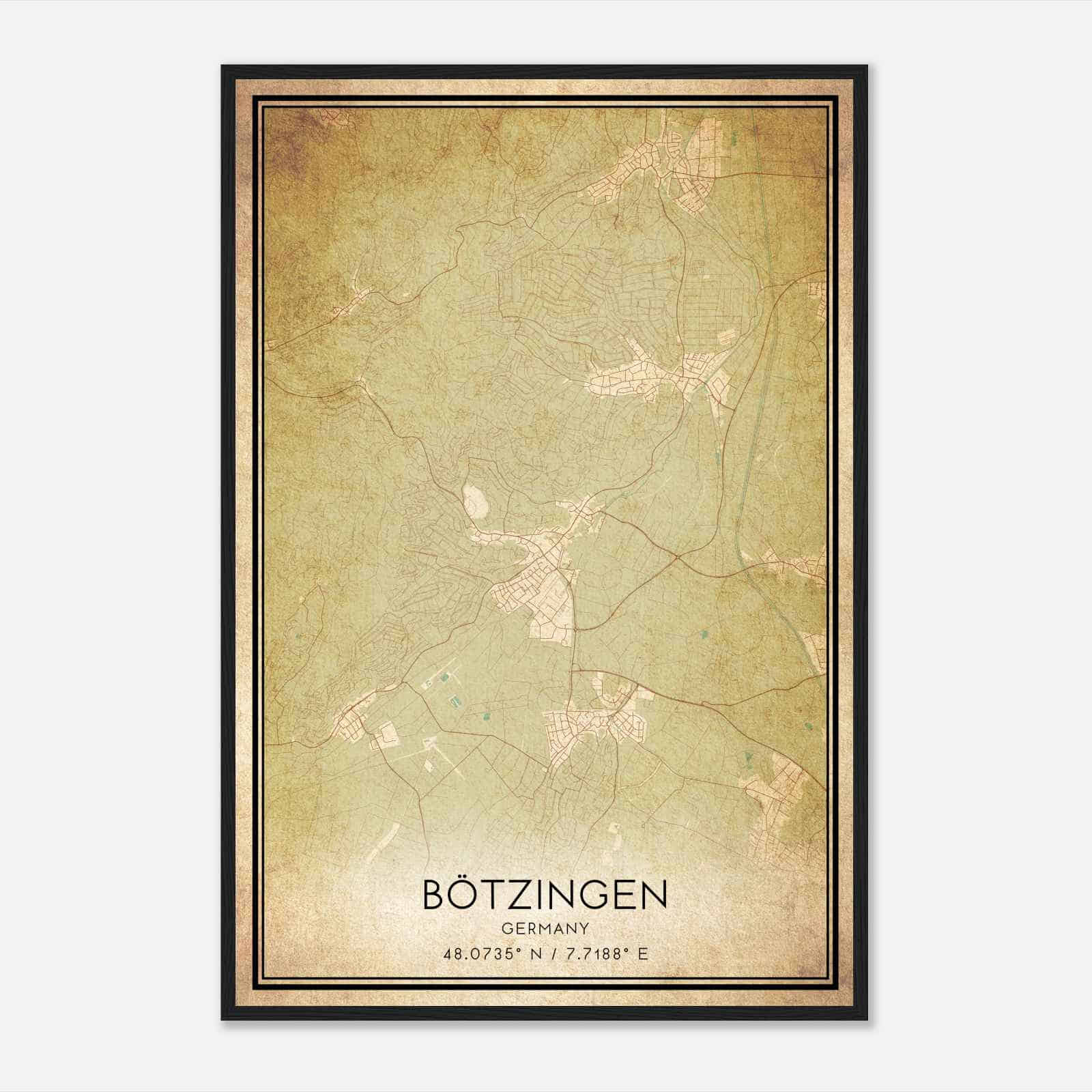 Vintage Botzingen Germany Map Poster, Botzingen City Road Wall Art Print