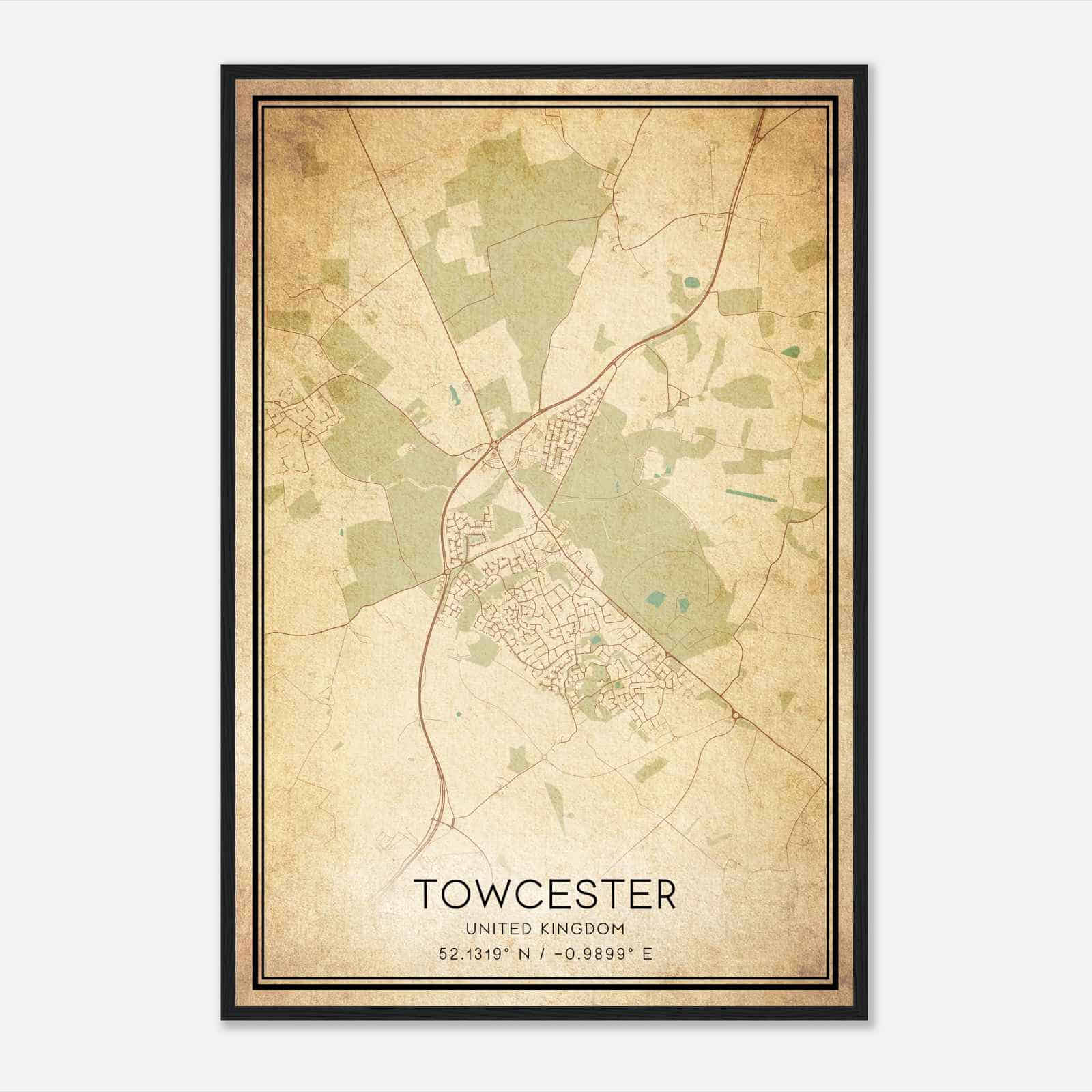 Vintage Towcester United Kingdom Map Poster, Towcester City Road Wall Art Print