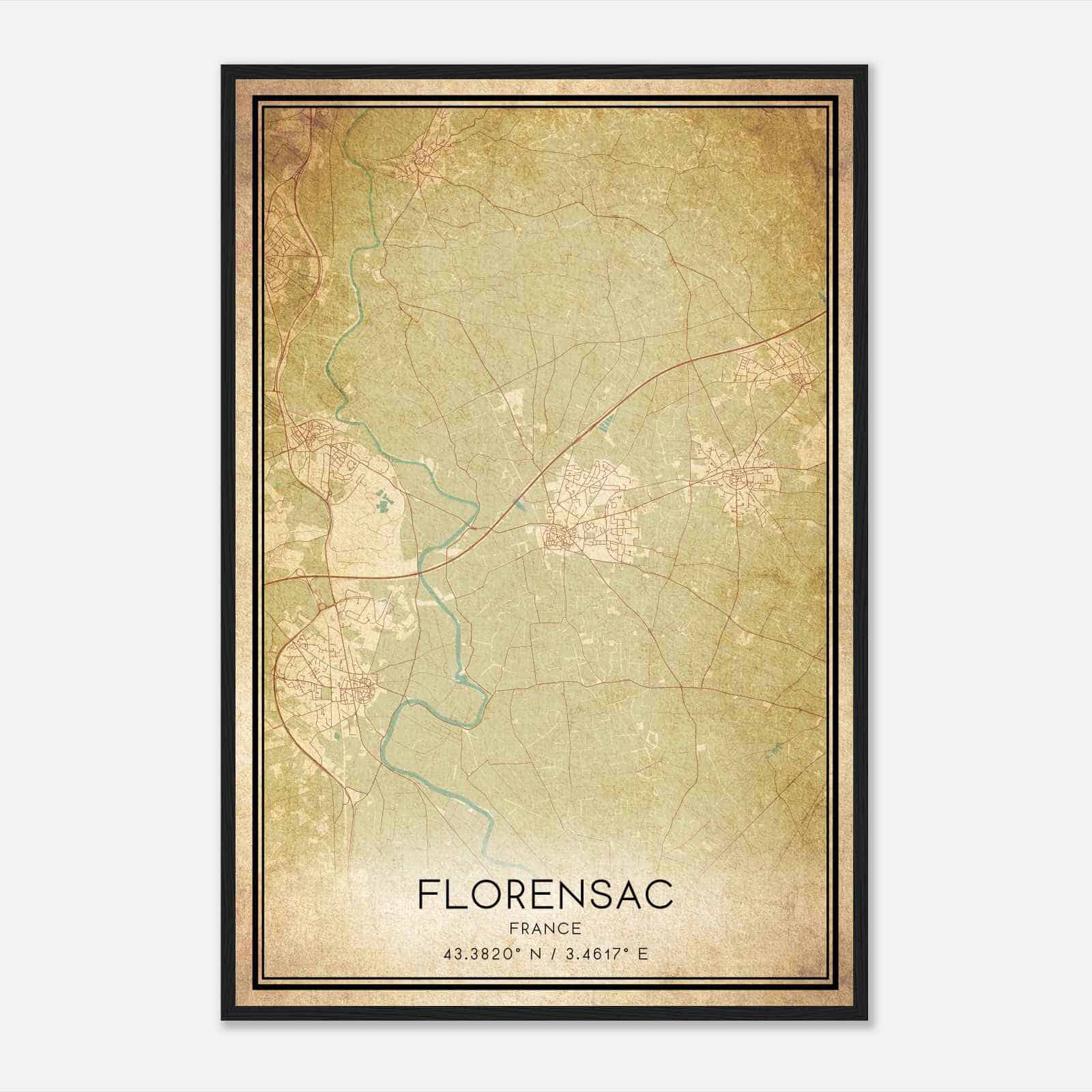 Vintage Florensac France Map Poster, Florensac City Road Wall Art Print