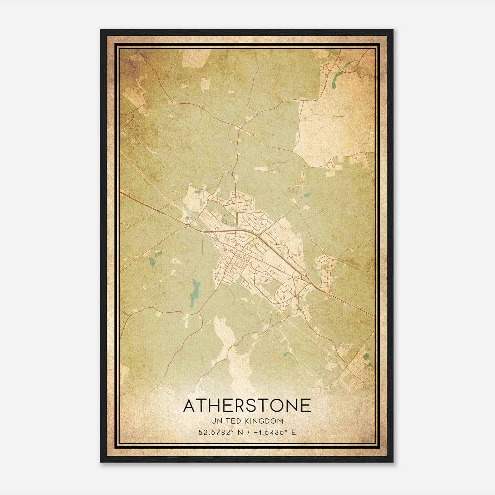 Vintage Atherstone United Kingdom Map Poster, Atherstone City Road Wall Art Print