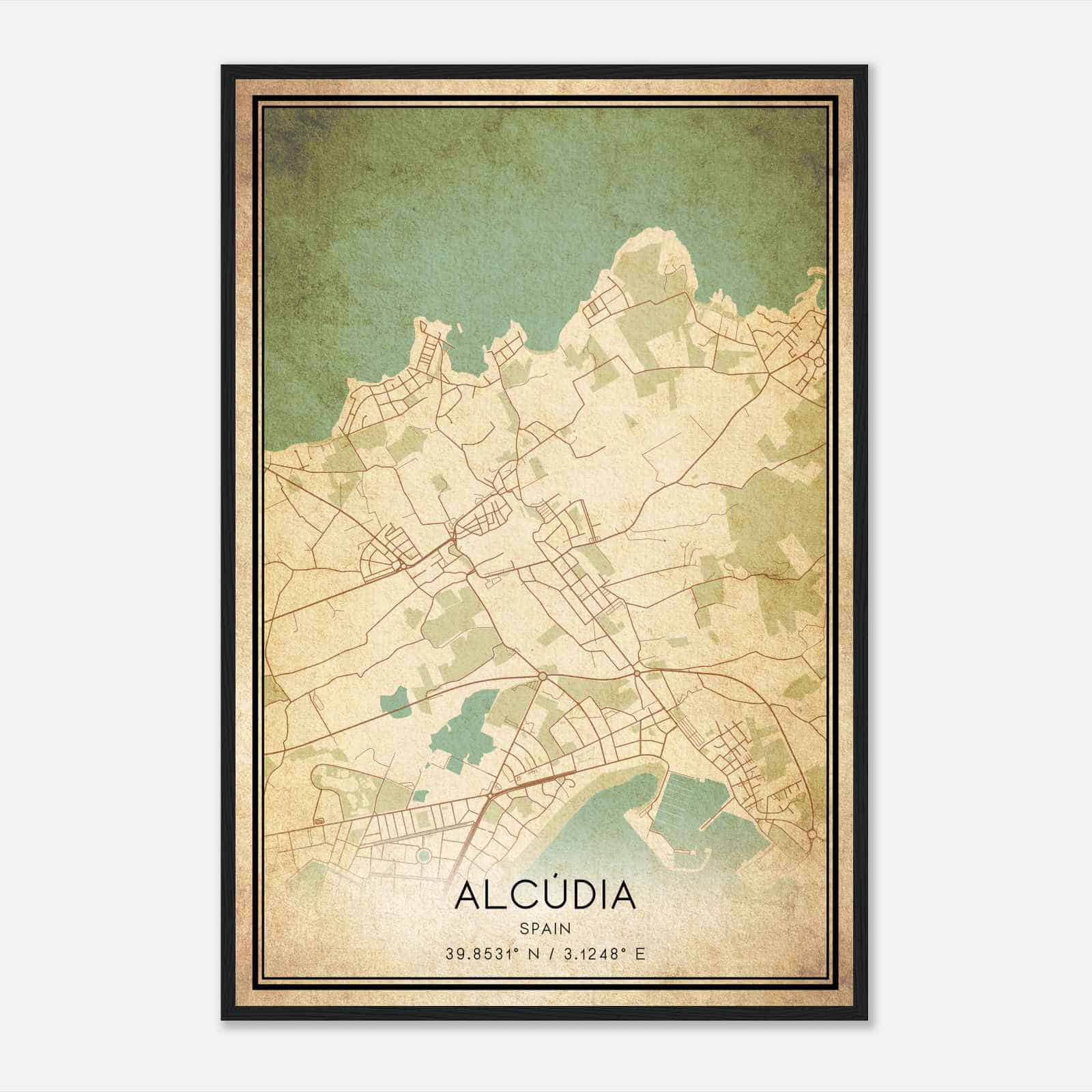 Vintage Alcudia Spain Map Poster, Alcudia City Road Wall Art Print