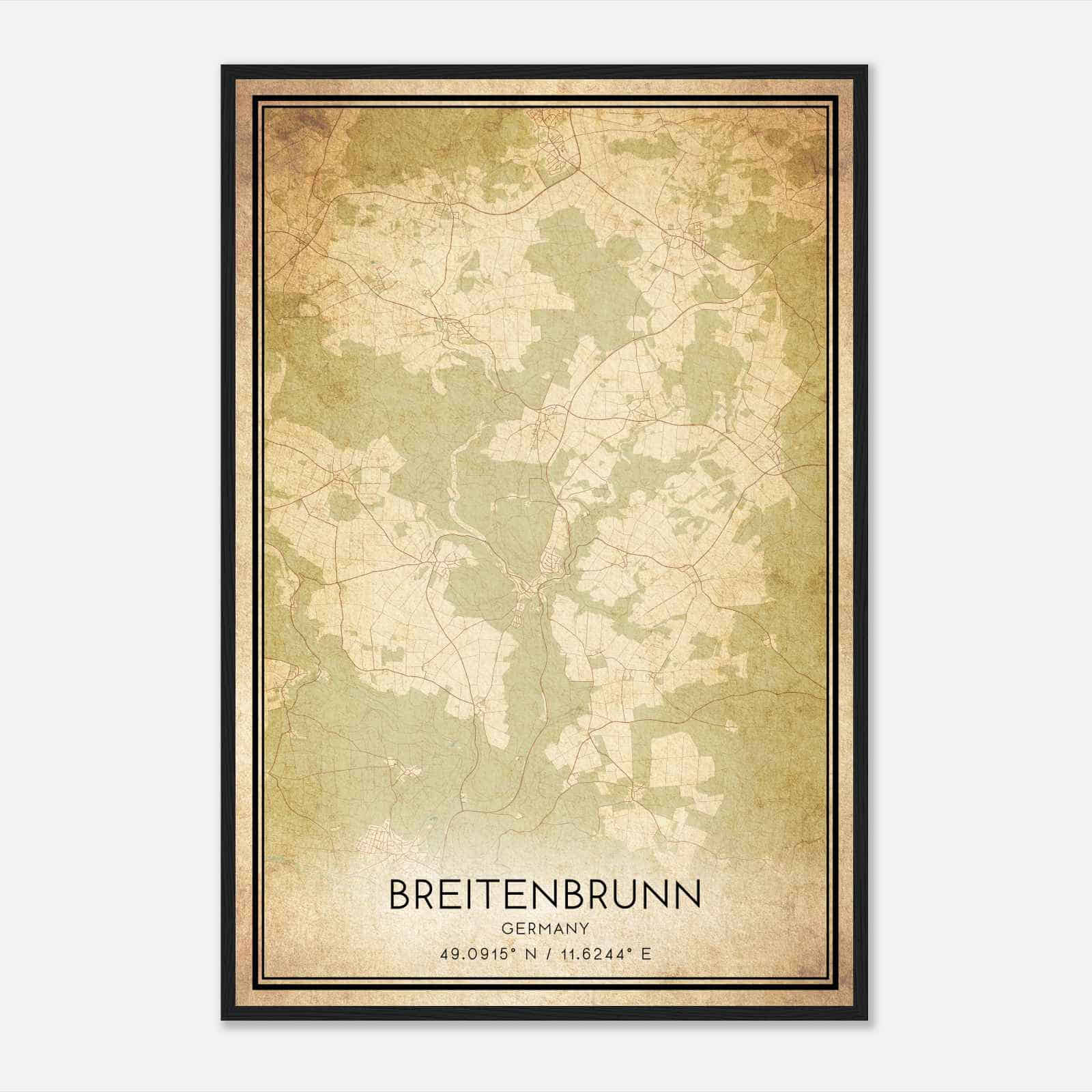 Vintage Breitenbrunn Germany Map Poster, Breitenbrunn City Road Wall Art Print