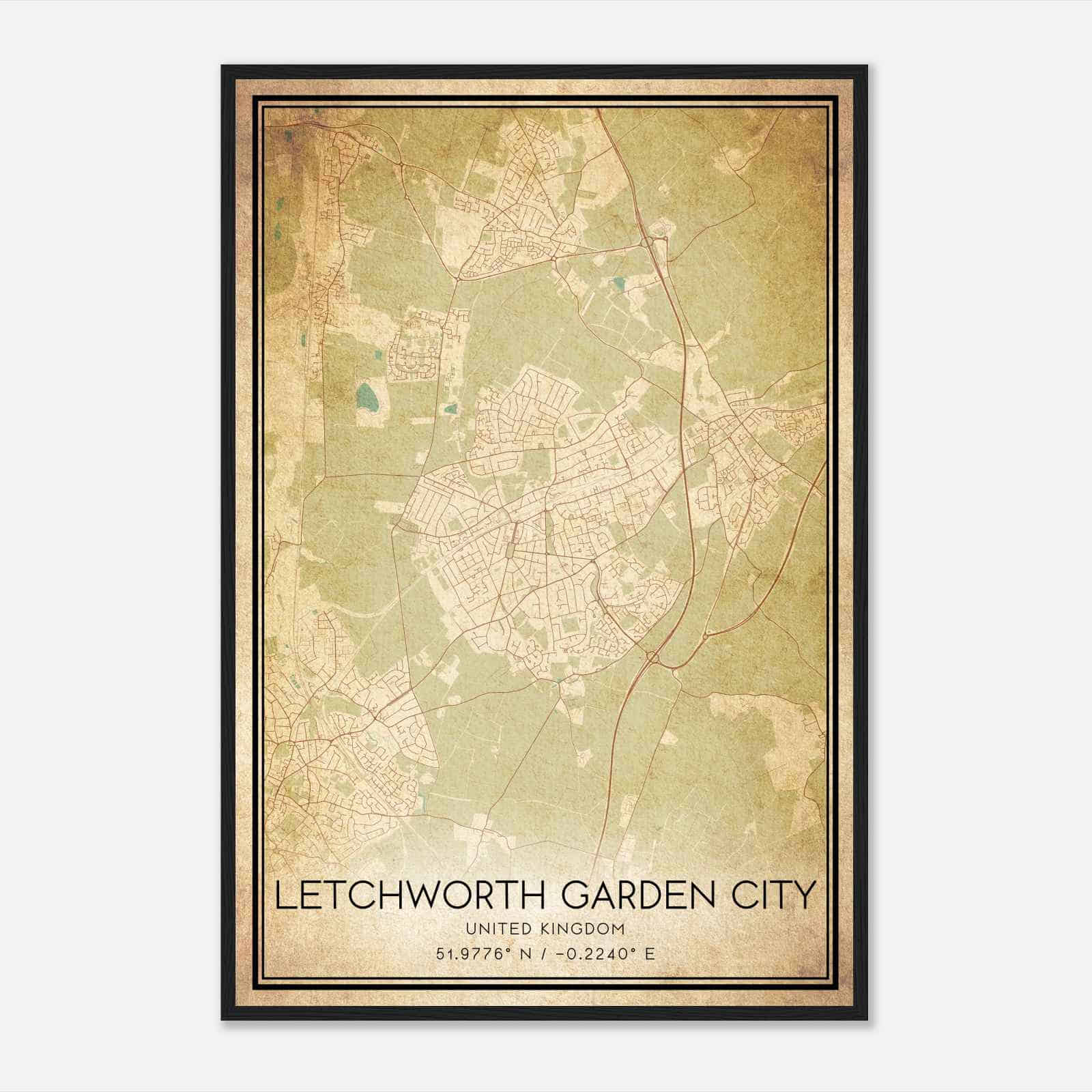 Vintage Letchworth United Kingdom Map Poster, Letchworth City Road Wall Art Print