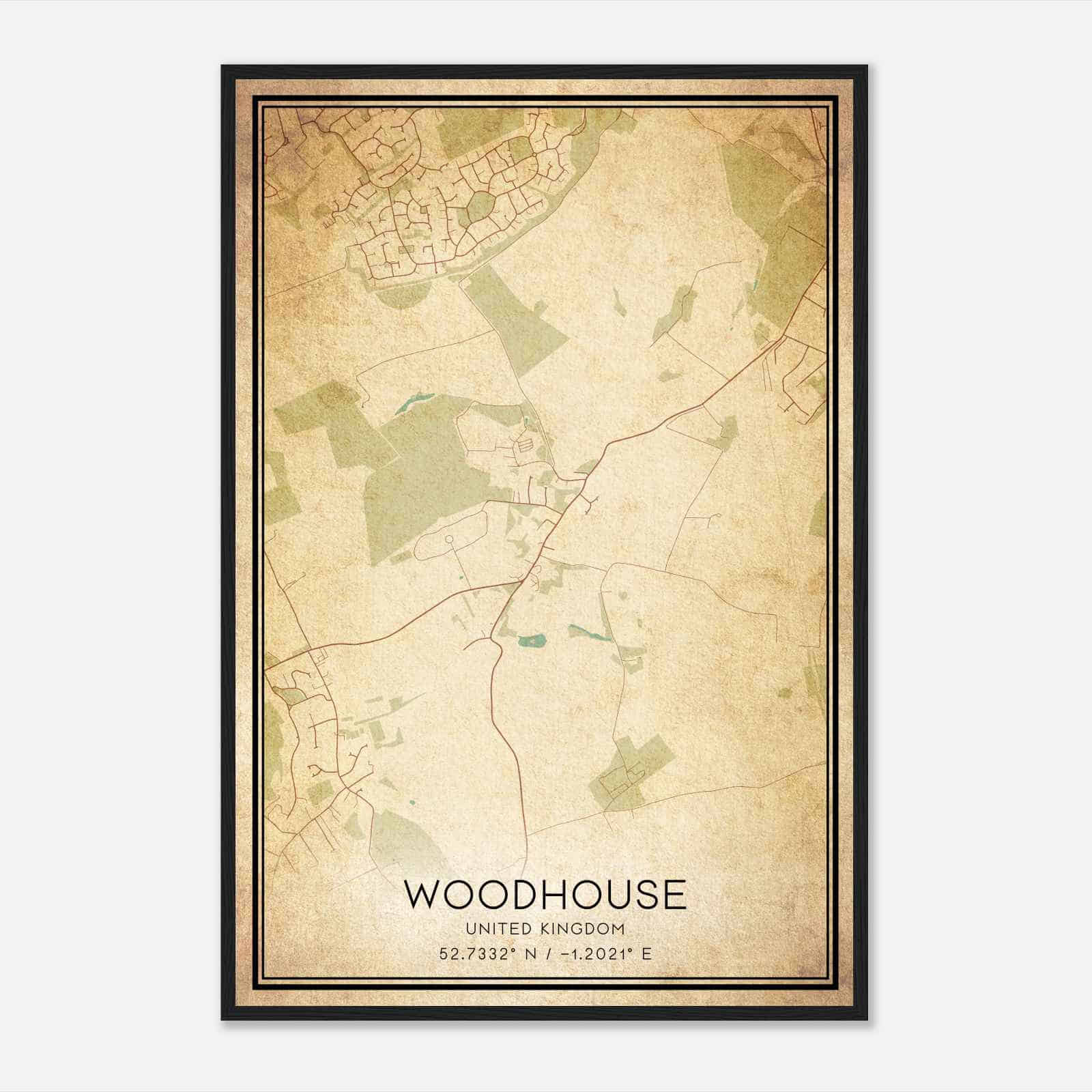 Vintage Woodhouse United Kingdom Map Poster, Woodhouse City Road Wall Art Print