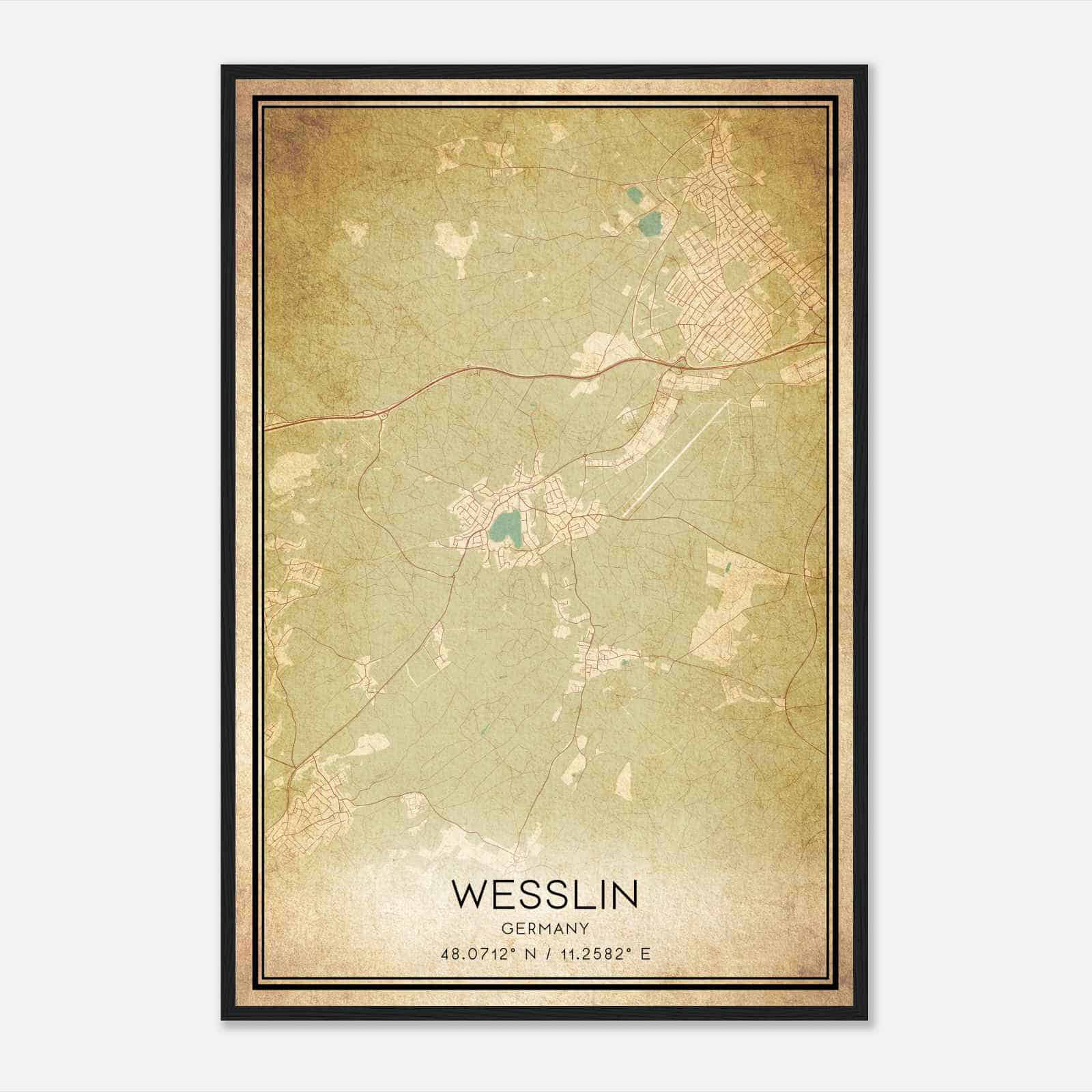 Vintage Wessling Germany Map Poster, Wessling City Road Wall Art Print