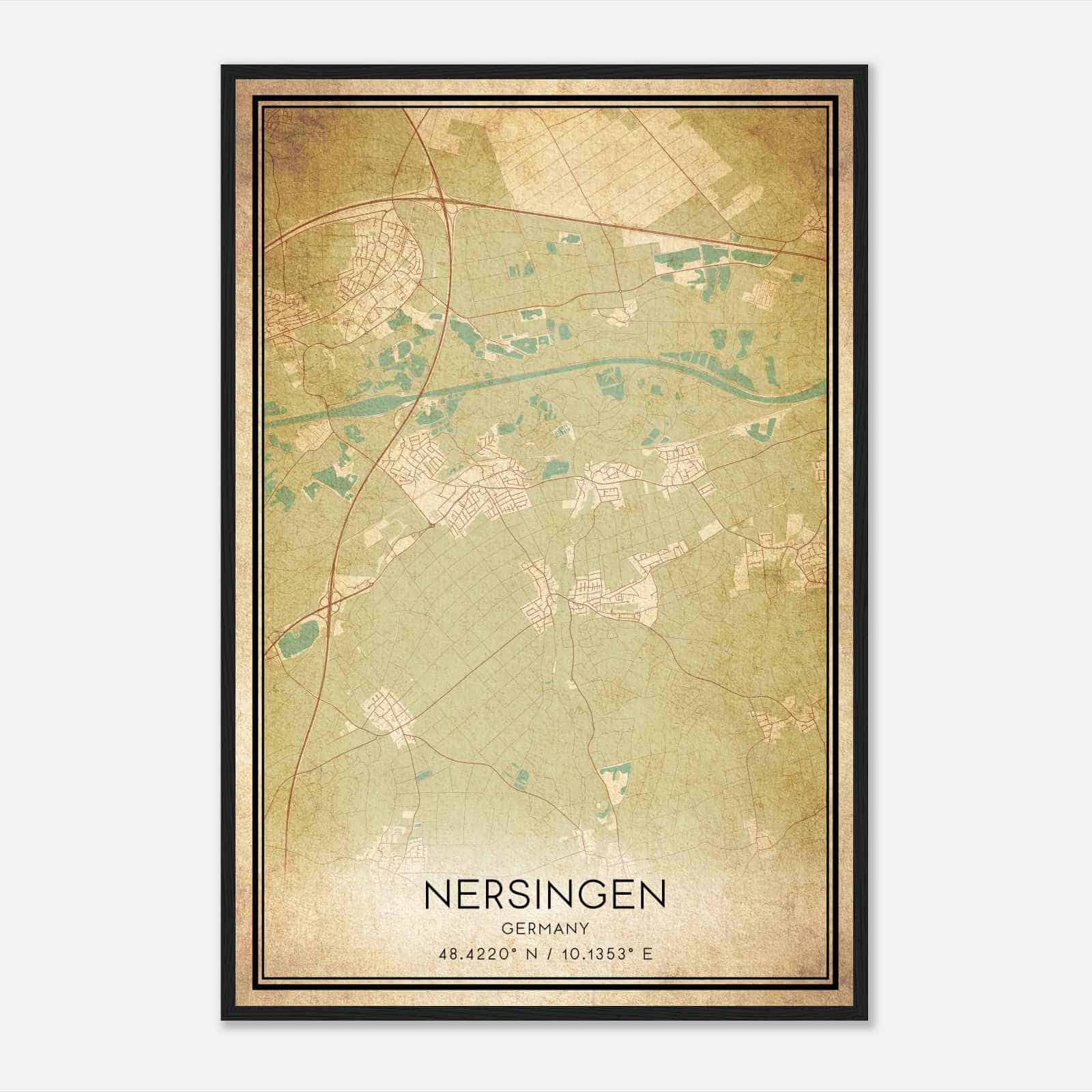 Vintage Nersingen Germany Map Poster, Nersingen City Road Wall Art Print