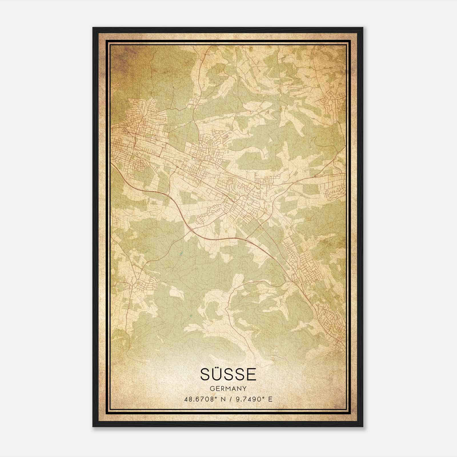 Vintage Sussen Germany Map Poster, Sussen City Road Wall Art Print