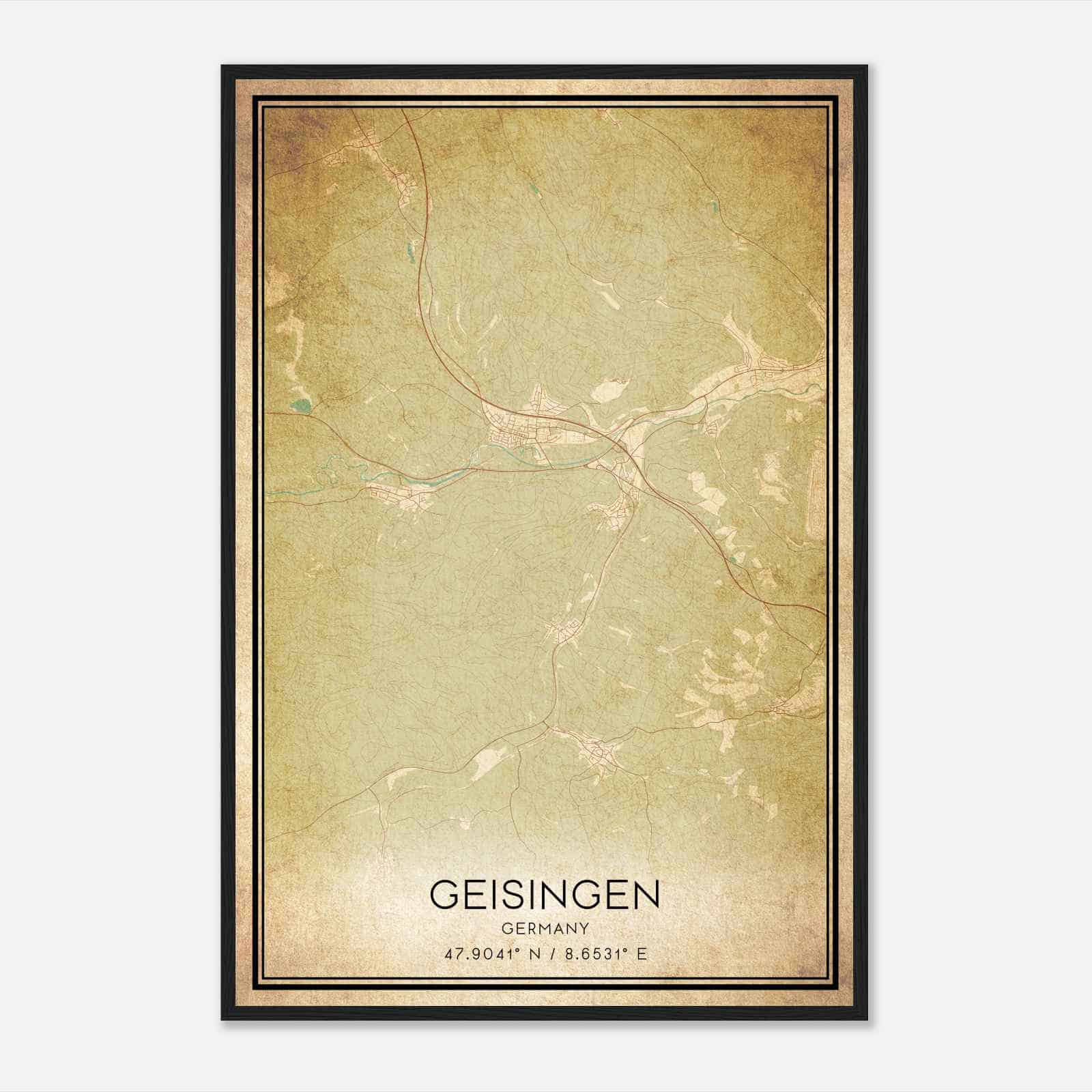 Vintage Geisingen Germany Map Poster, Geisingen City Road Wall Art Print