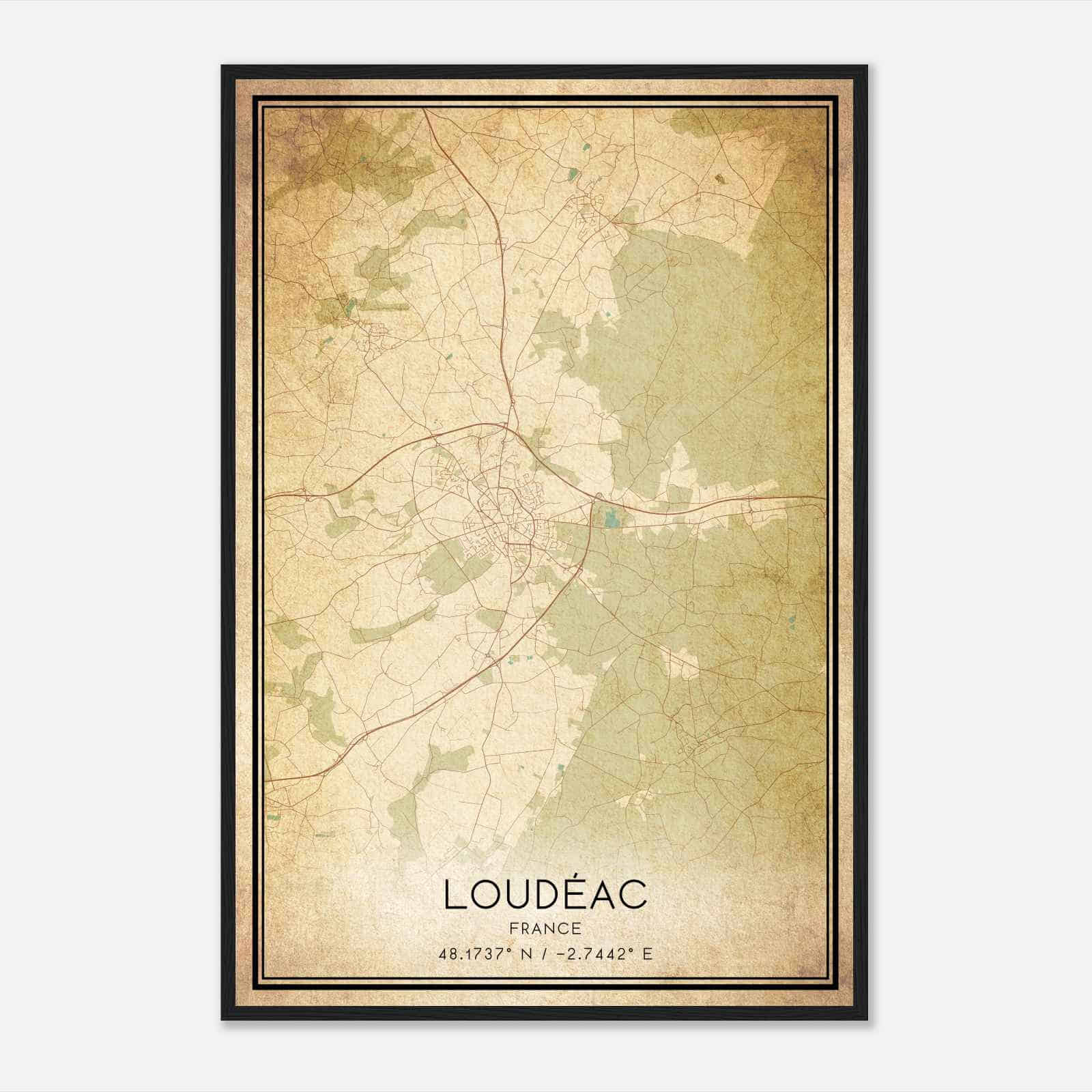Vintage Loudeac France Map Poster, Loudeac City Road Wall Art Print