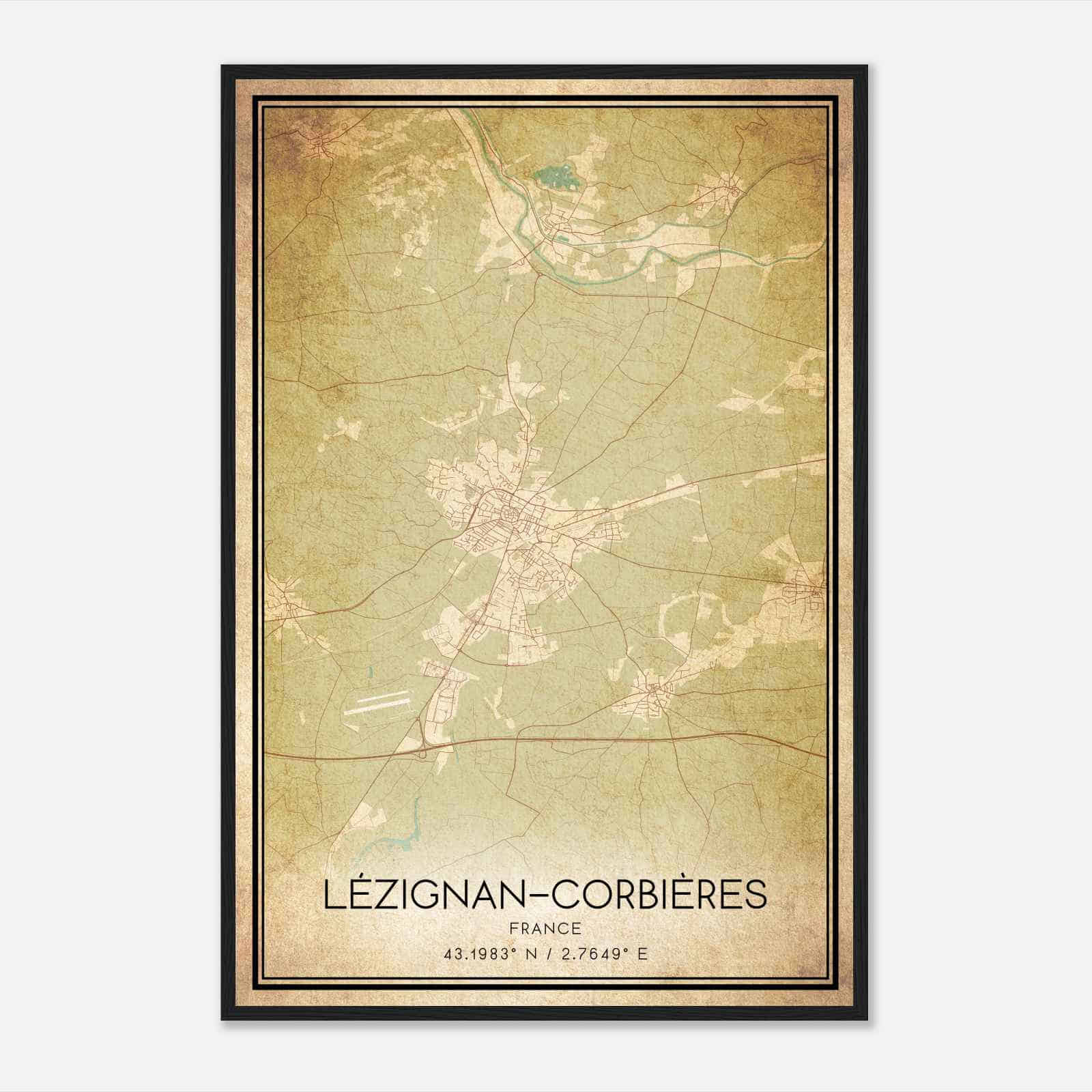 Vintage Lezignan-Corbieres France Map Poster, Lezignan-Corbieres City Road Wall Art Print
