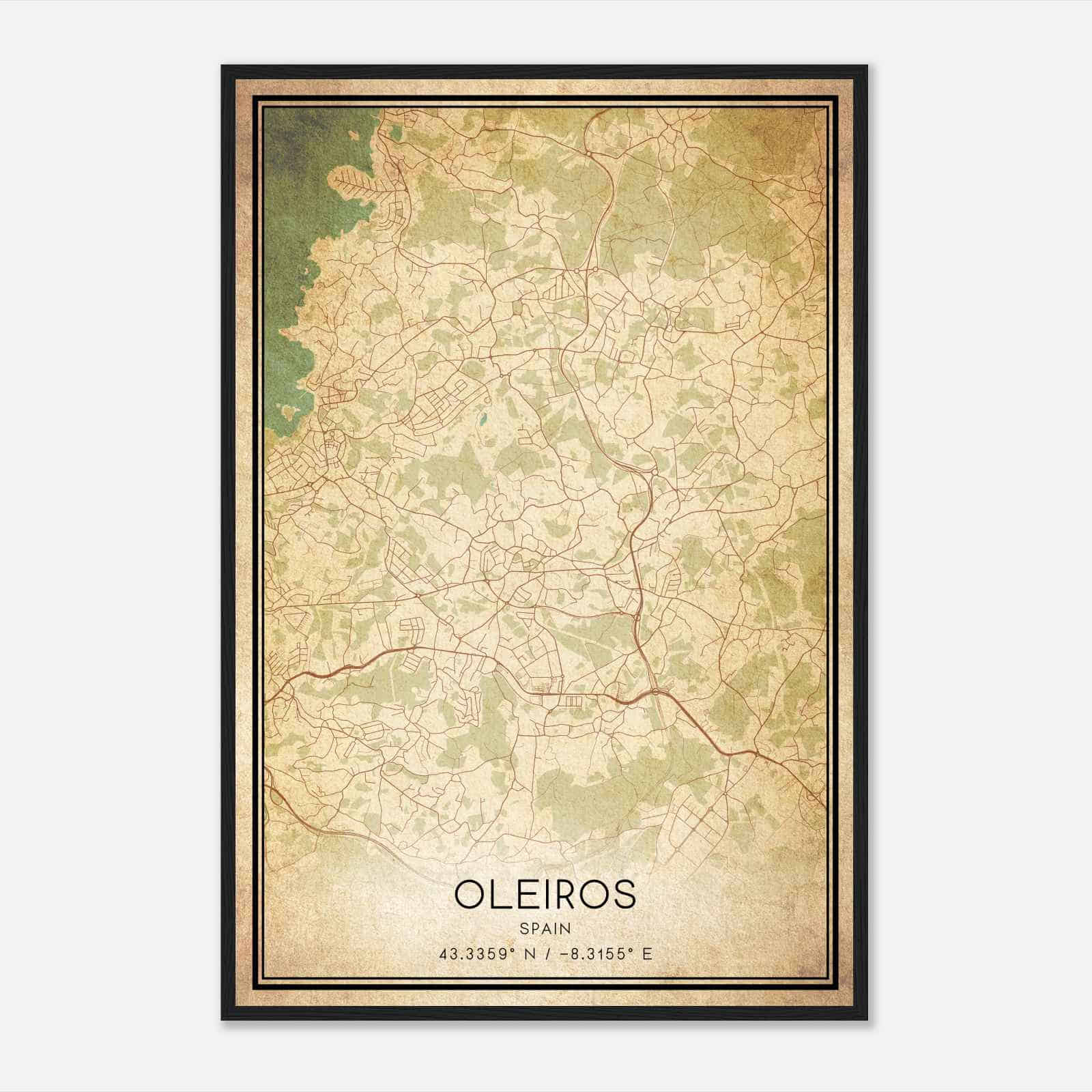 Vintage Oleiros Spain Map Poster, Oleiros City Road Wall Art Print