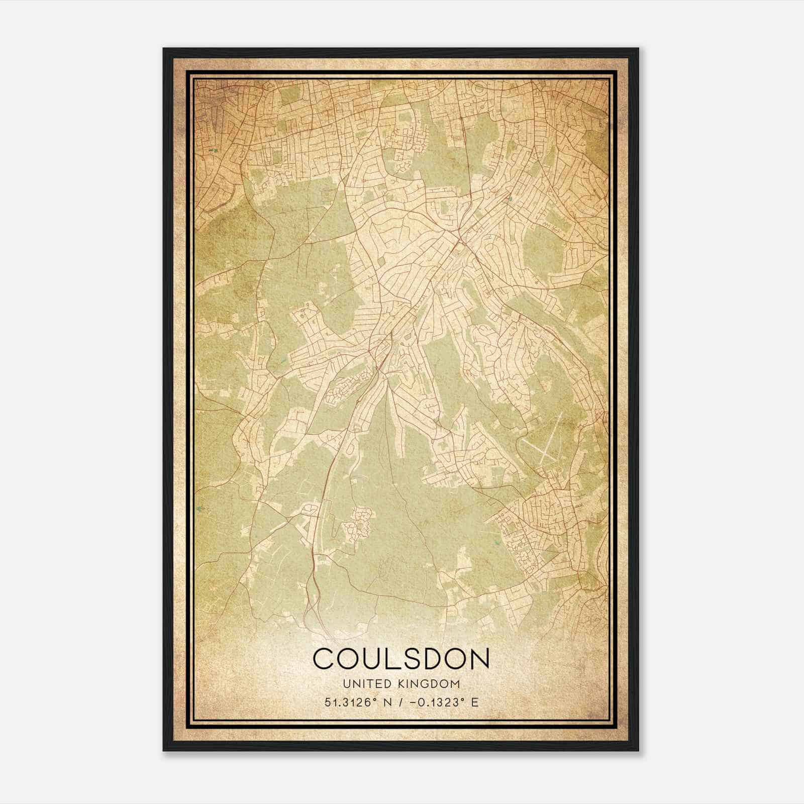 Vintage Coulsdon United Kingdom Map Poster, Coulsdon City Road Wall Art Print
