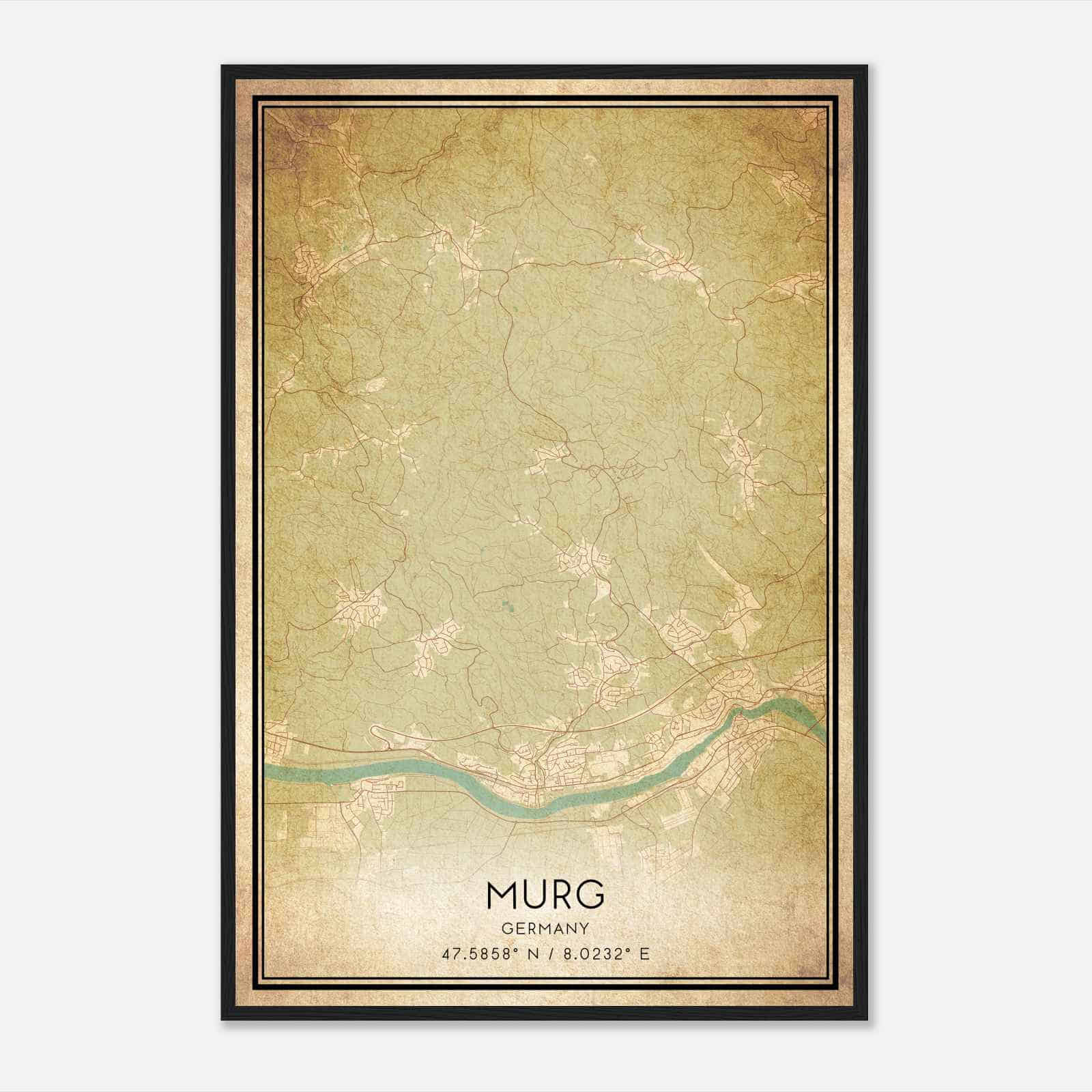 Vintage Murg Germany Map Poster, Murg City Road Wall Art Print