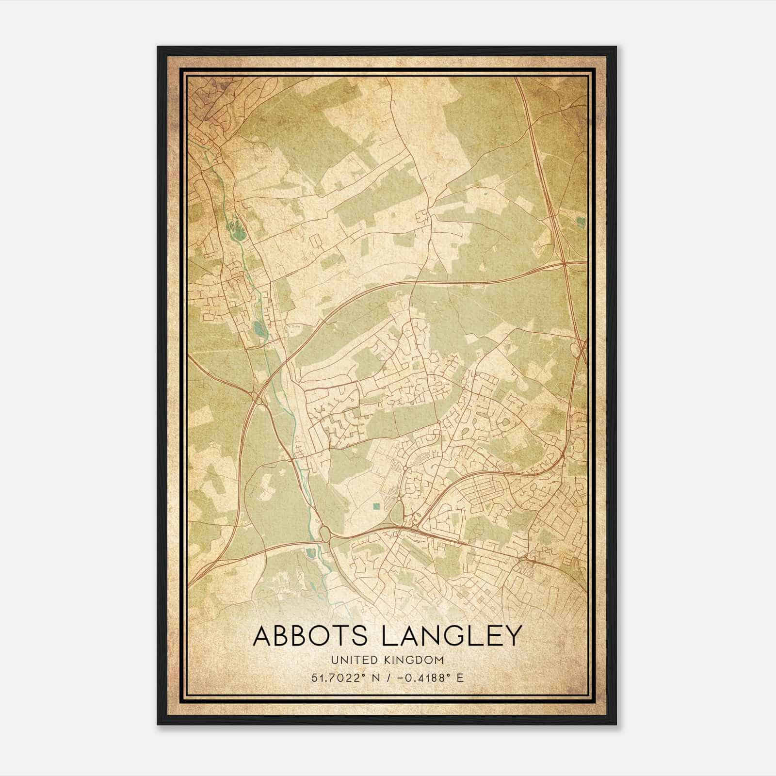 Vintage Abbots Langley United Kingdom Map Poster, Abbots Langley City Road Wall Art Print