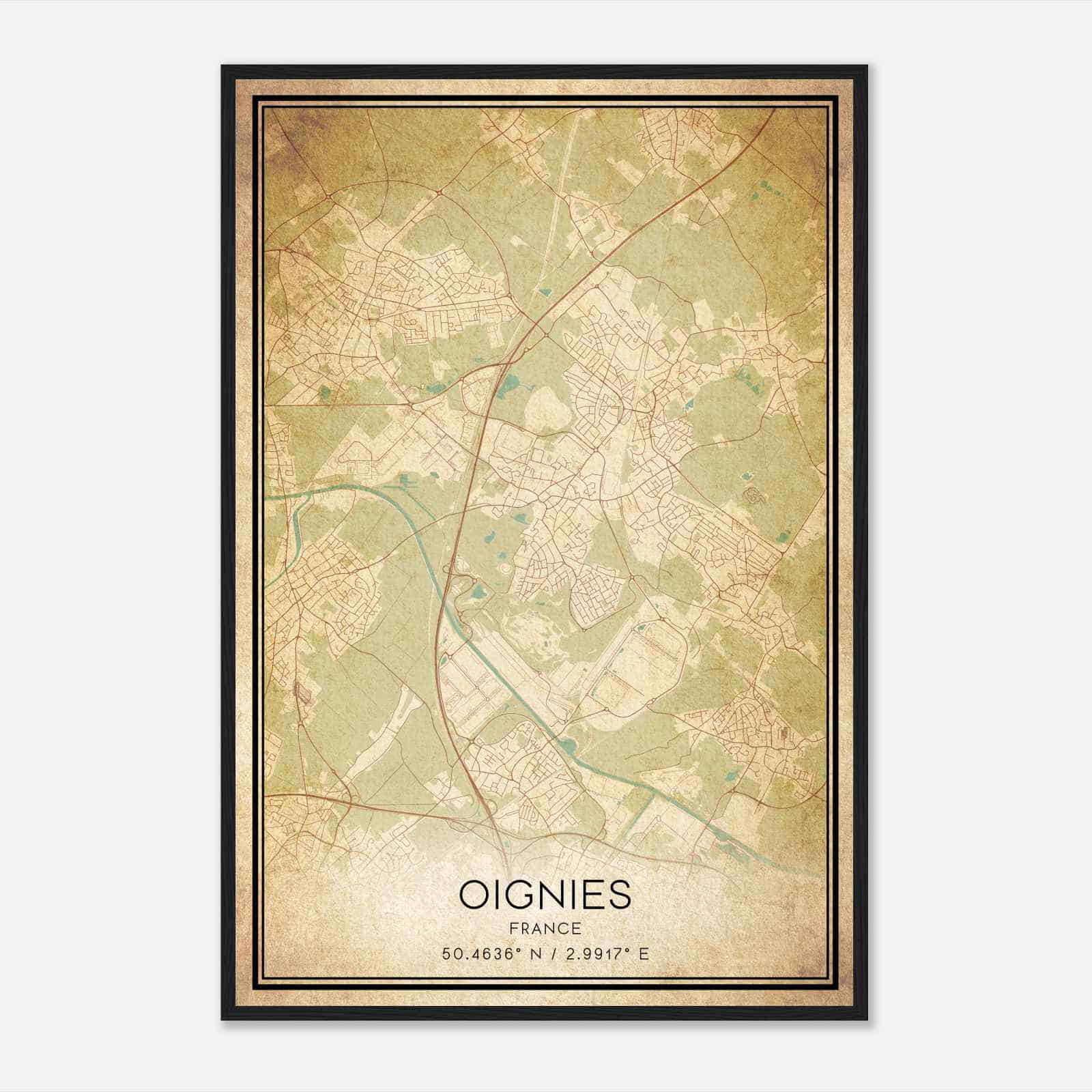 Vintage Oignies France Map Poster, Oignies City Road Wall Art Print
