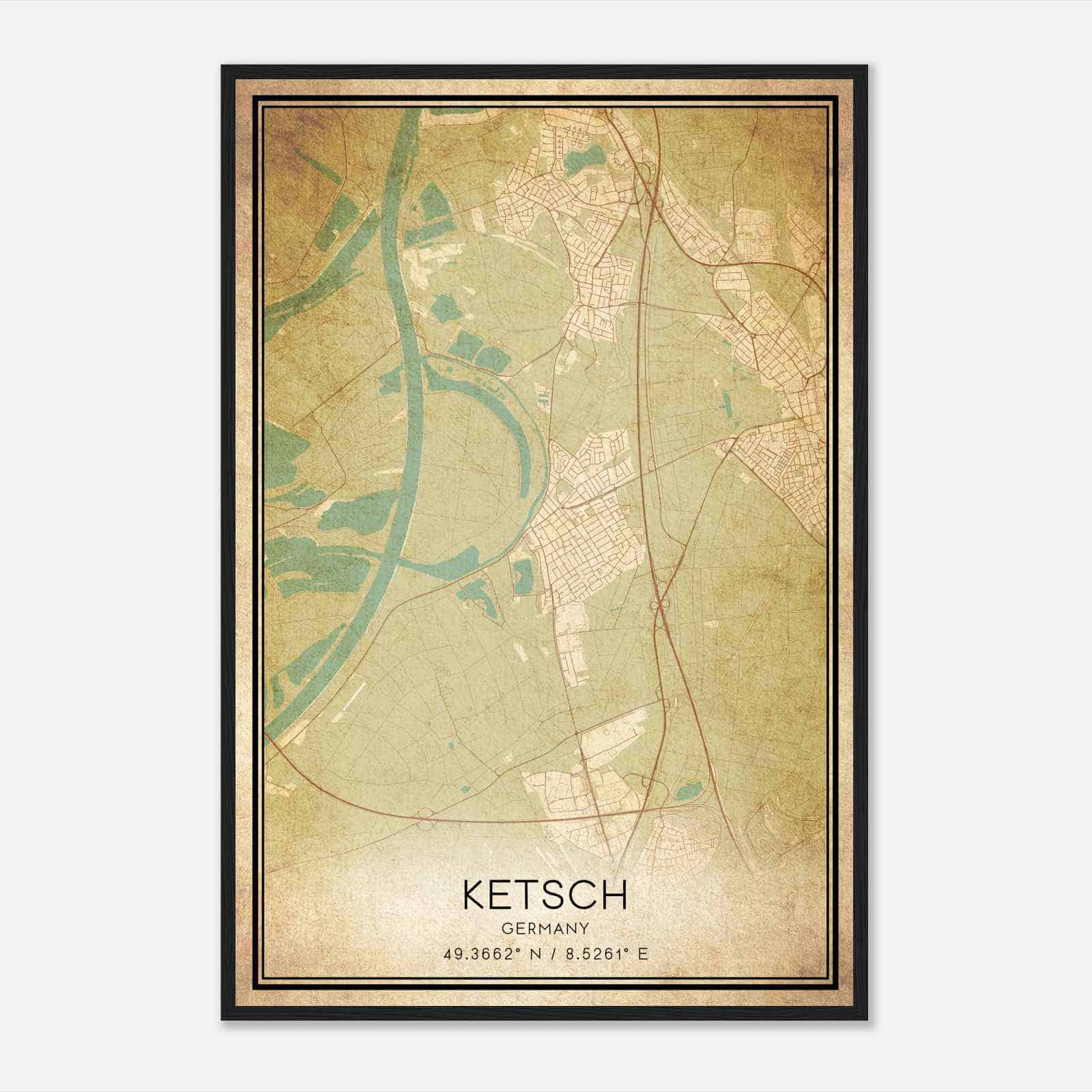 Vintage Ketsch Germany Map Poster, Ketsch City Road Wall Art Print
