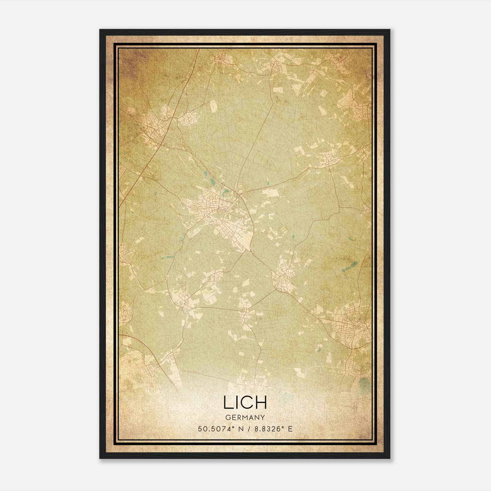 Vintage Lich Germany Map Poster, Lich City Road Wall Art Print