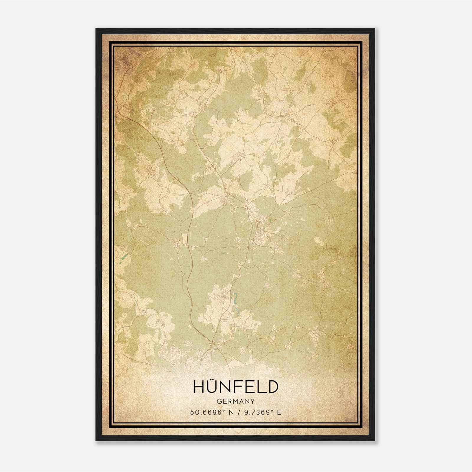 Vintage Hunfeld Germany Map Poster, Hunfeld City Road Wall Art Print
