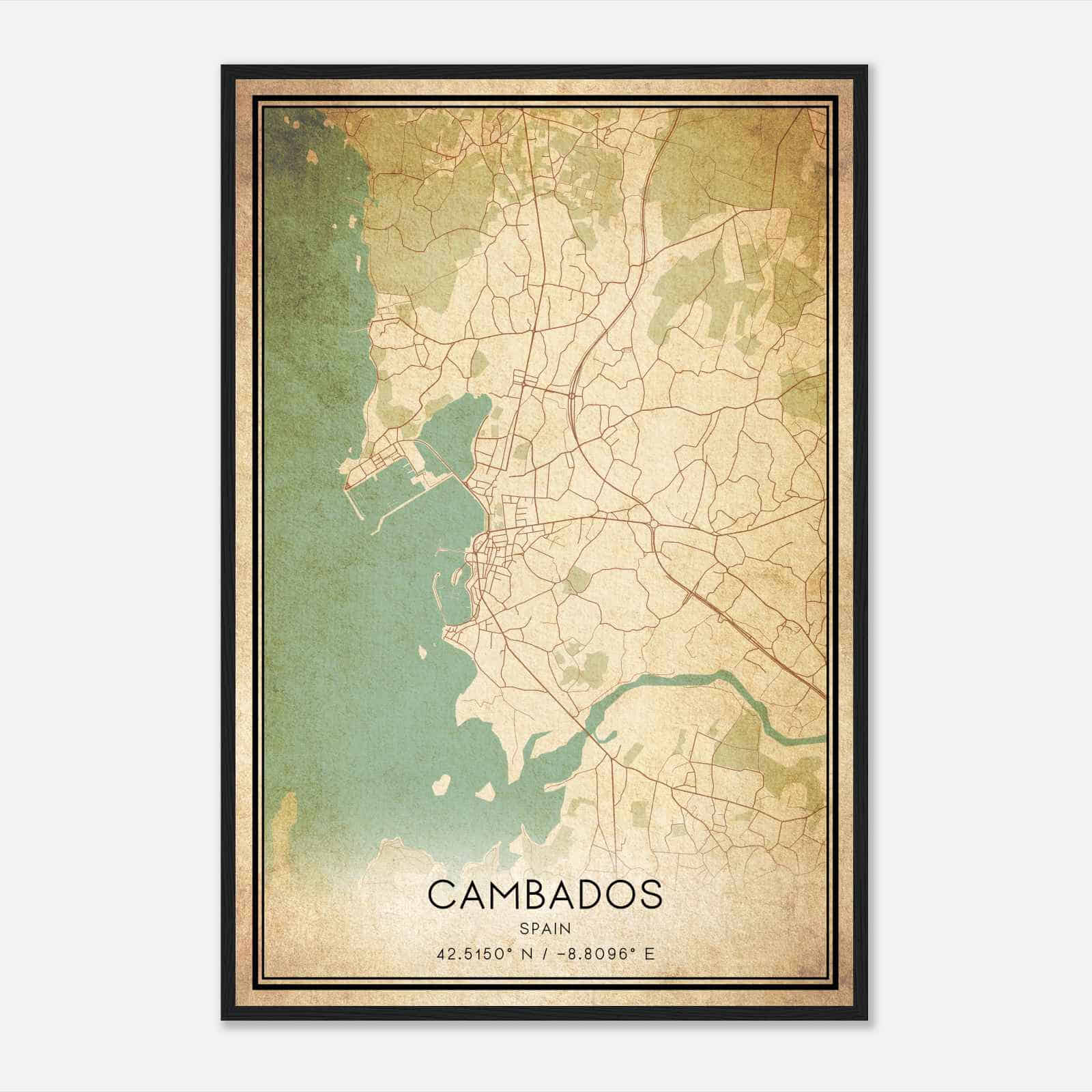 Vintage Cambados Spain Map Poster, Cambados City Road Wall Art Print