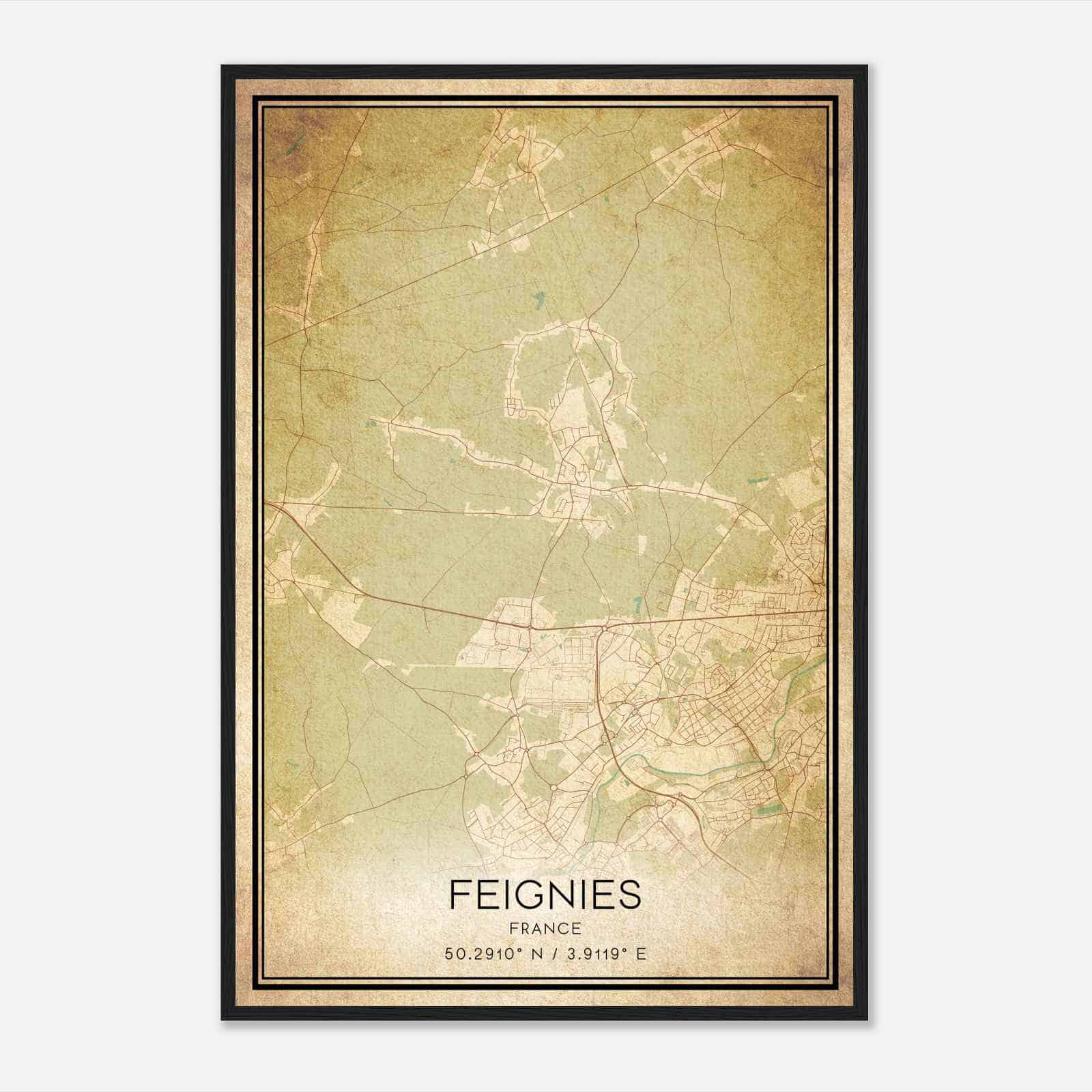 Vintage Feignies France Map Poster, Feignies City Road Wall Art Print