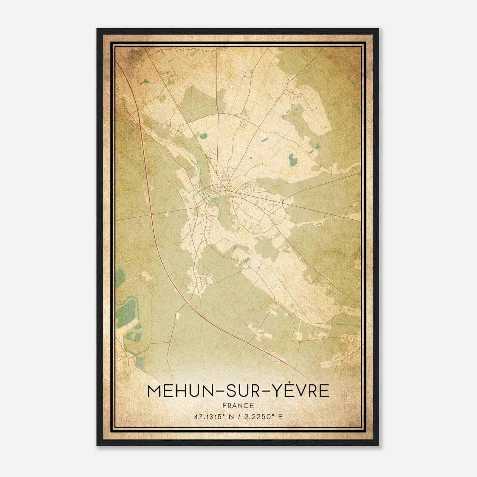 Vintage Mehun-sur-Yevre France Map Poster, Mehun-sur-Yevre City Road Wall Art Print