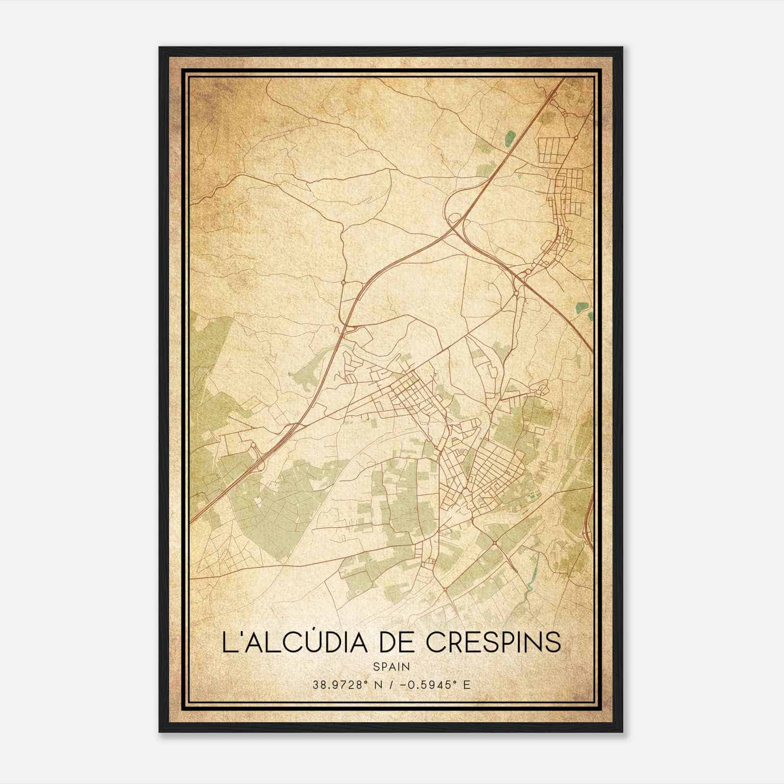 Vintage Alcudia de Crespins Spain Map Poster, Alcudia de Crespins City Road Wall Art Print