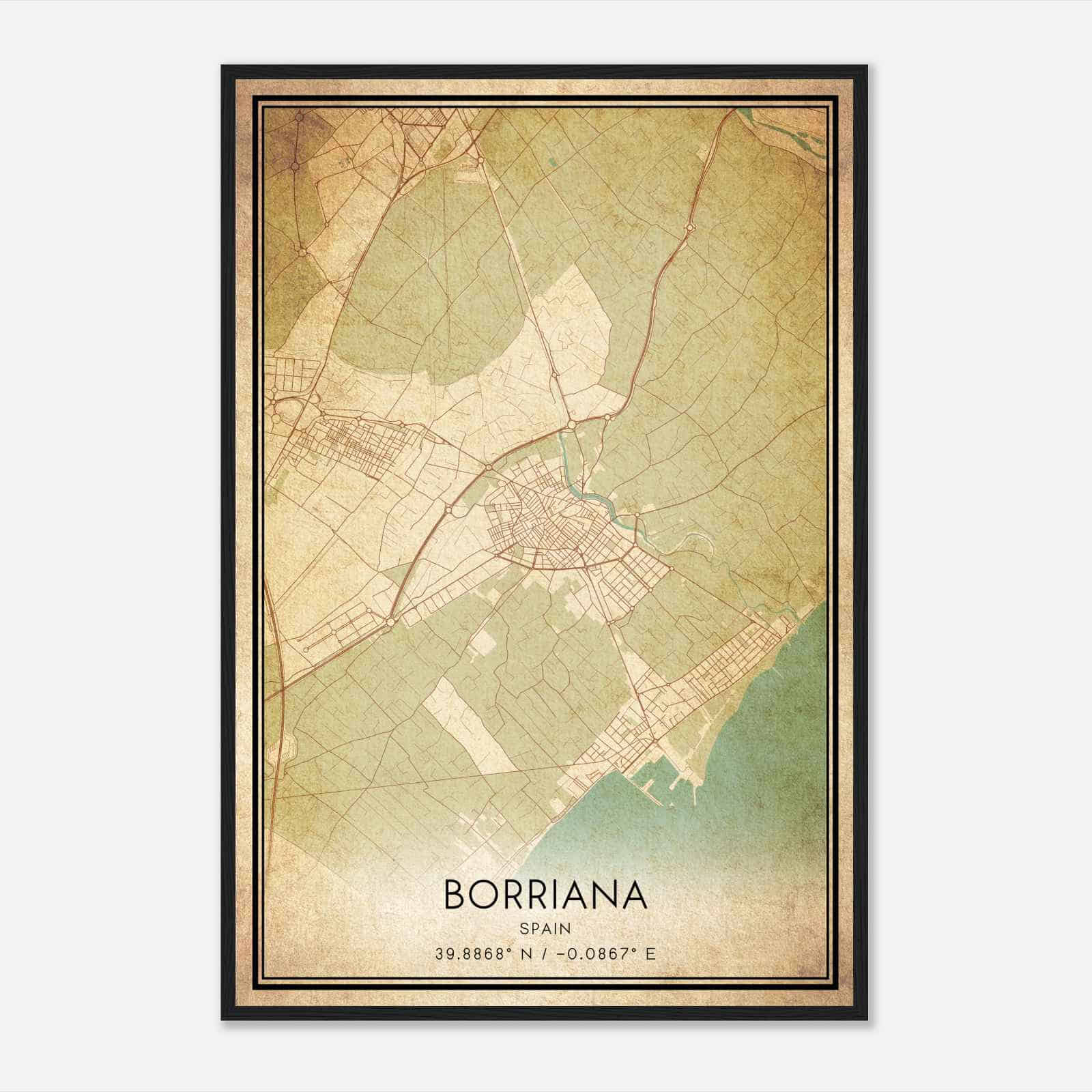 Vintage Burriana Spain Map Poster, Burriana City Road Wall Art Print