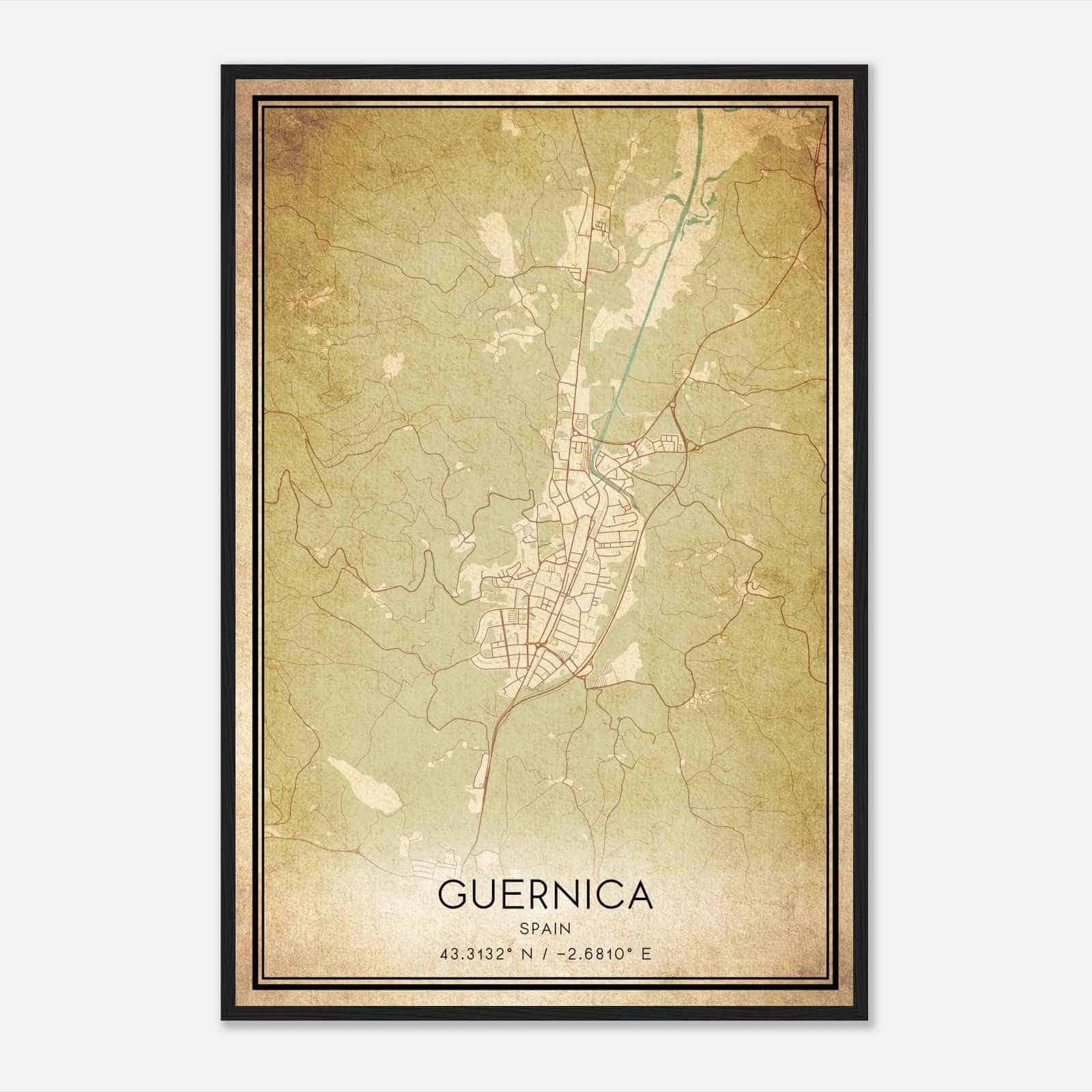 Vintage Guernica y Luno Spain Map Poster, Guernica y Luno City Road Wall Art Print