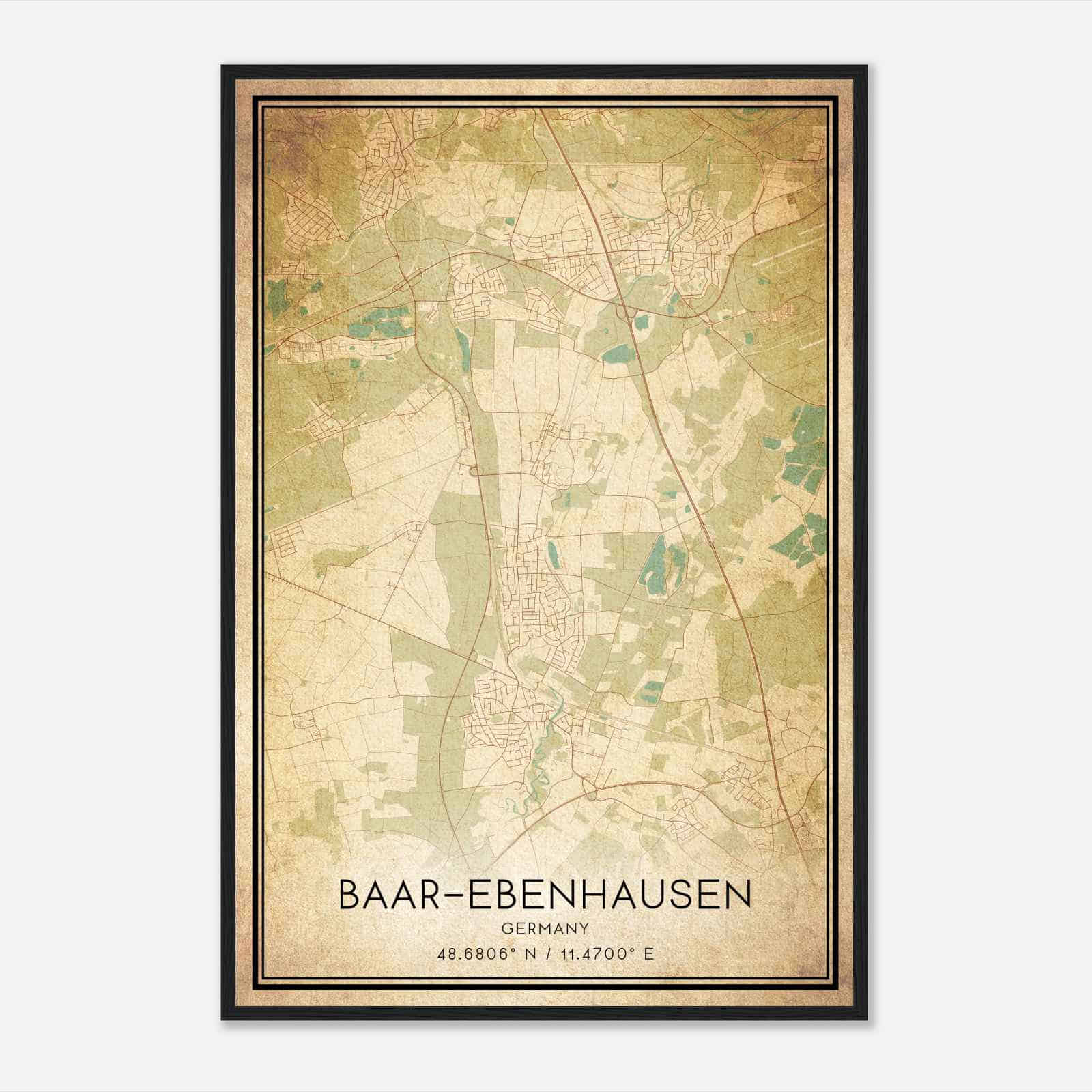 Vintage Baar-Ebenhausen Germany Map Poster, Baar-Ebenhausen City Road Wall Art Print
