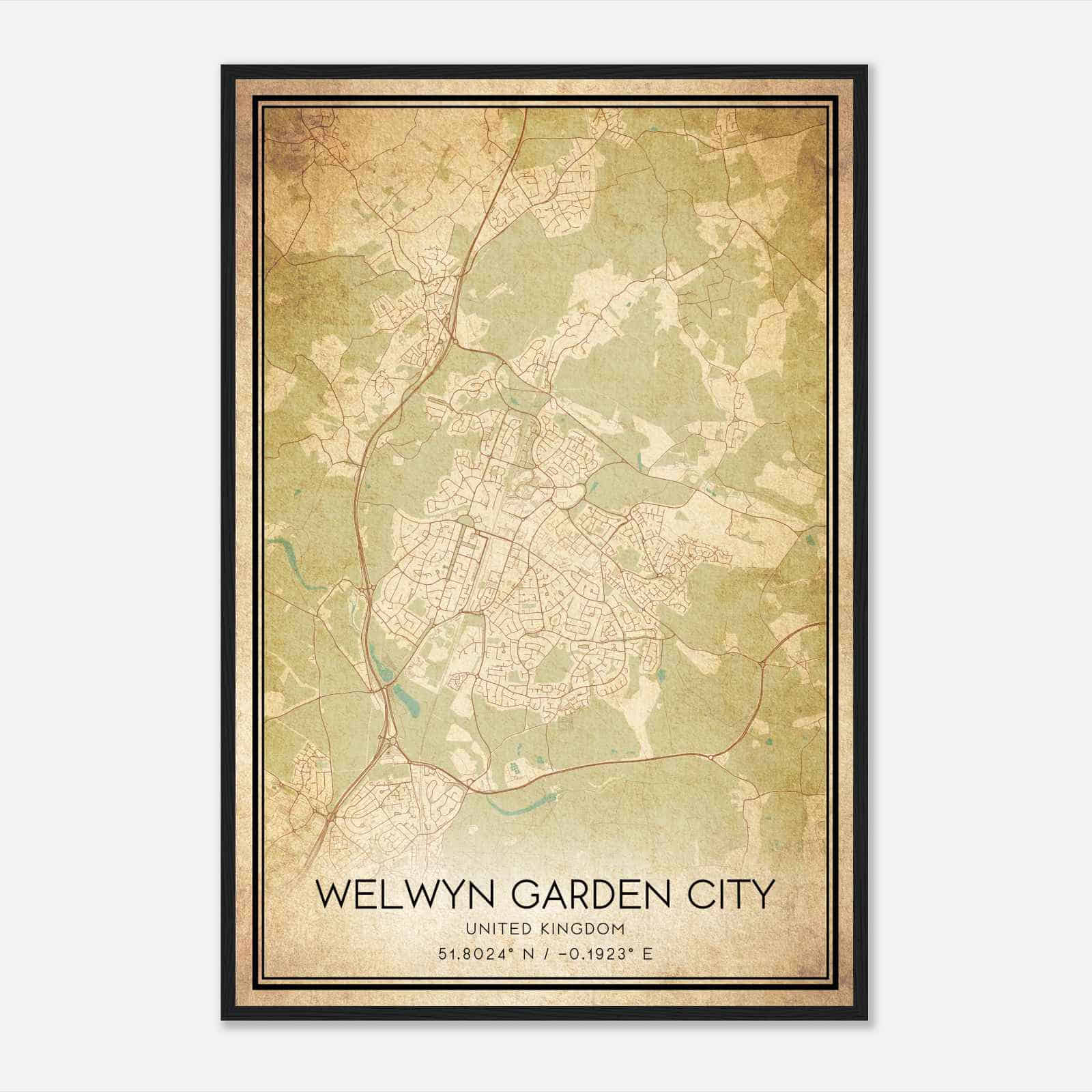 Vintage Welwyn Garden City United Kingdom Map Poster, Welwyn Garden City City Road Wall Art Print