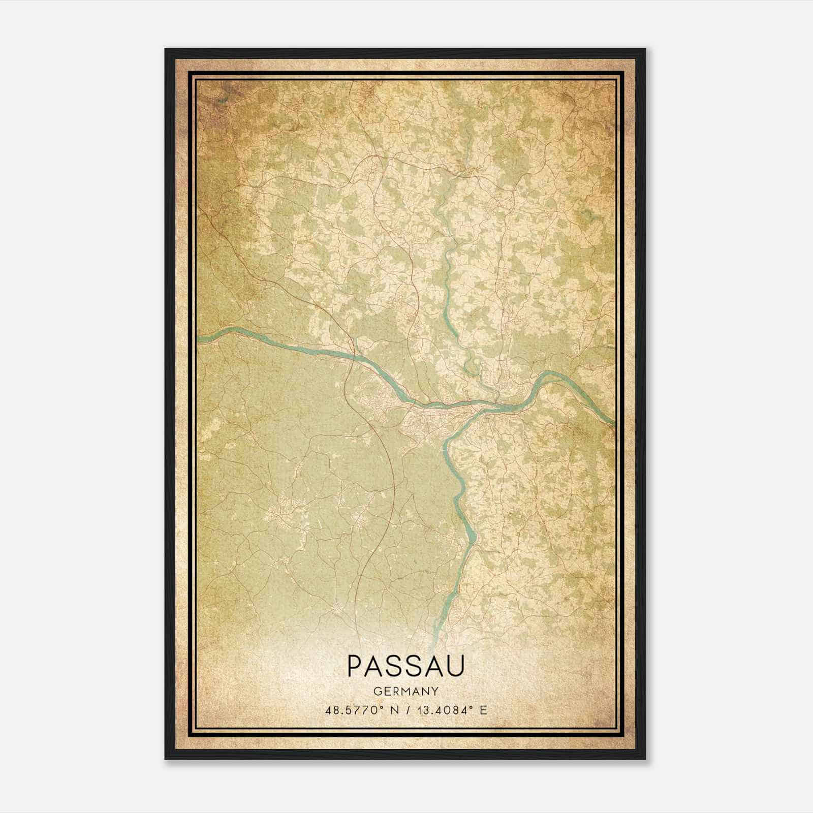 Vintage Passau Germany Map Poster, Passau City Road Wall Art Print
