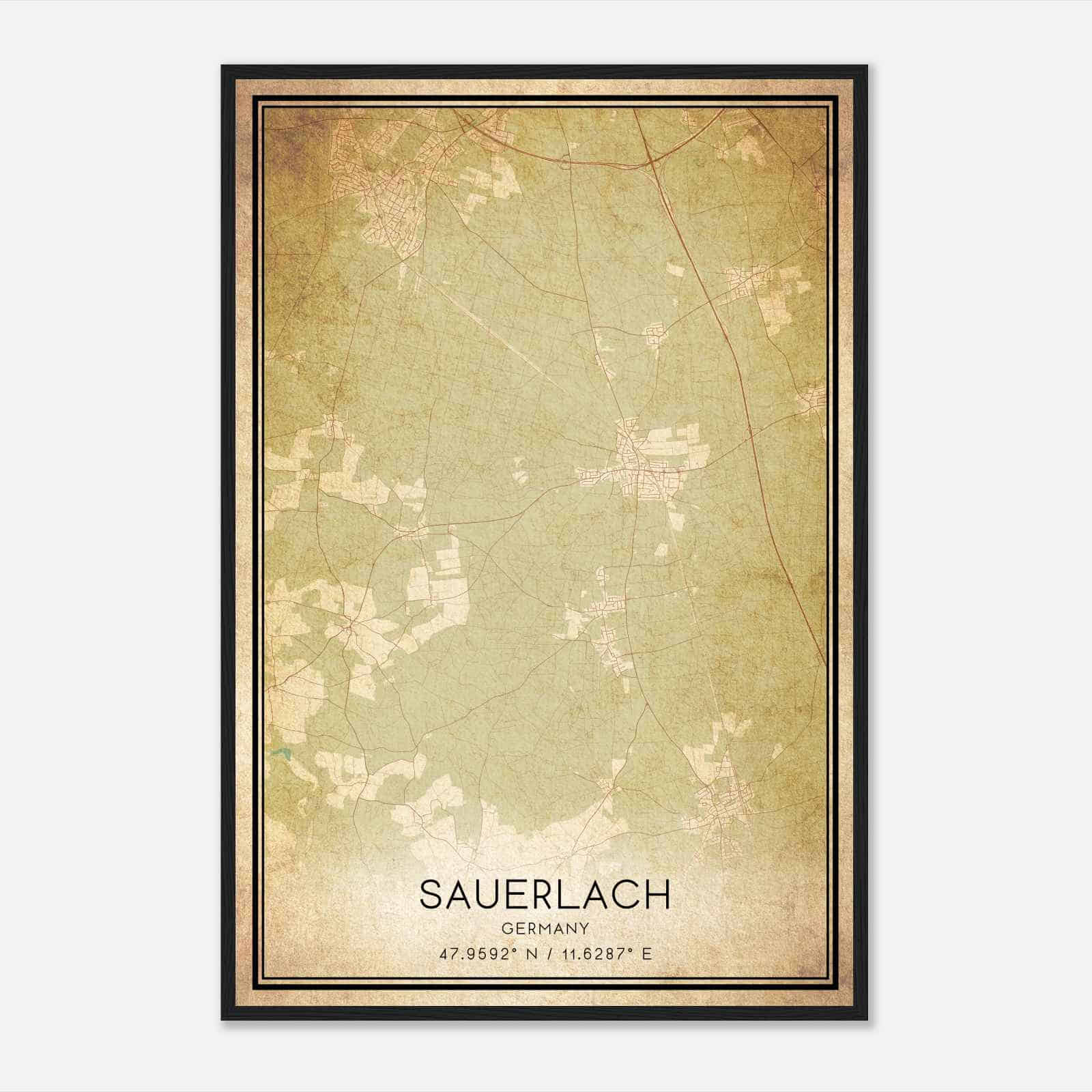 Vintage Sauerlach Germany Map Poster, Sauerlach City Road Wall Art Print