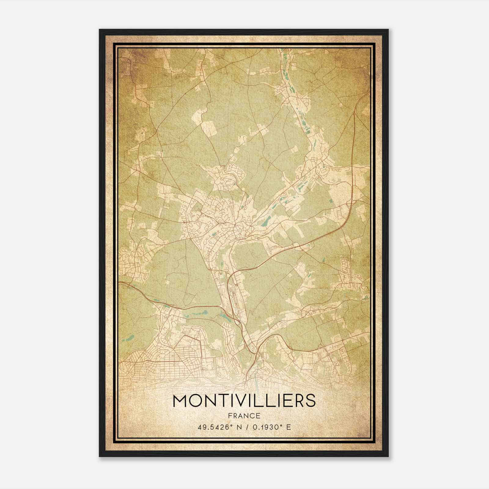 Vintage Montivilliers France Map Poster, Montivilliers City Road Wall Art Print