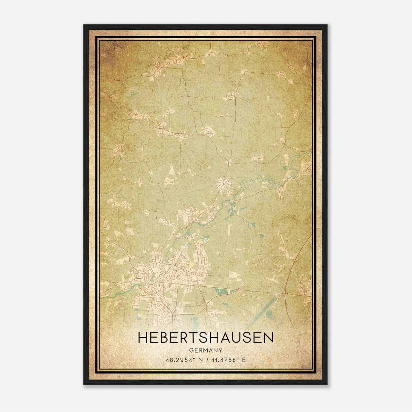 Vintage Hebertshausen Germany Map Poster, Hebertshausen City Road Wall Art Print