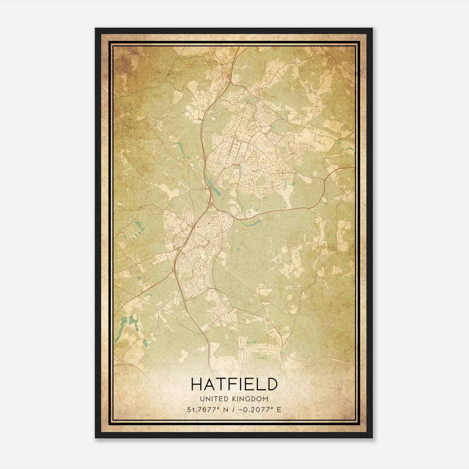Vintage Hatfield United Kingdom Map Poster, Hatfield City Road Wall Art Print
