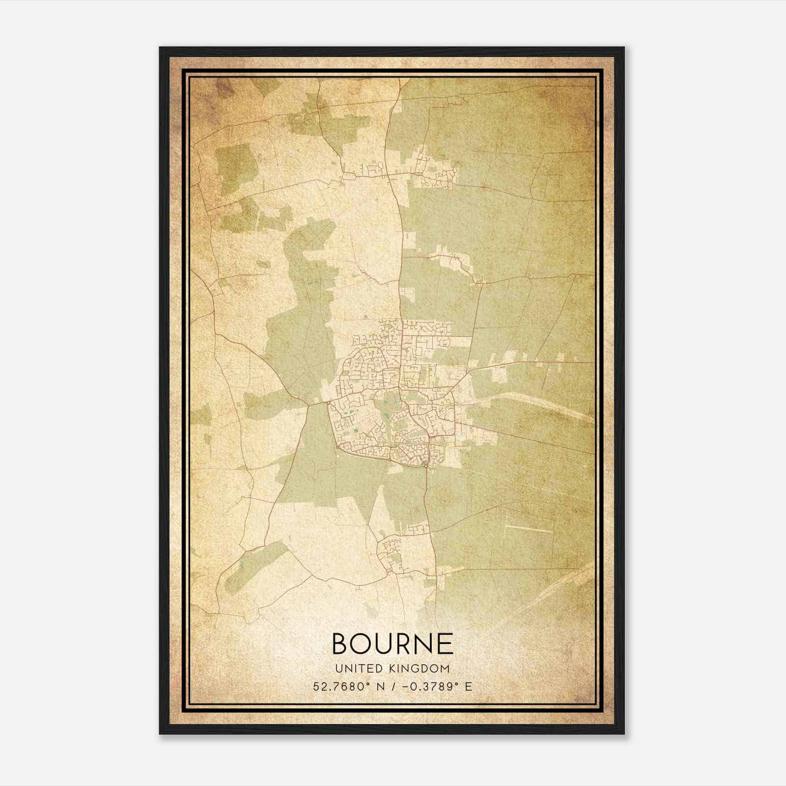 Vintage Bourne United Kingdom Map Poster, Bourne City Road Wall Art Print