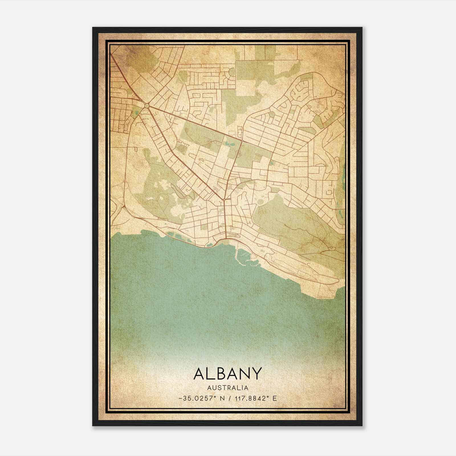 Vintage Albany Australia Map Poster, Albany City Road Wall Art Print