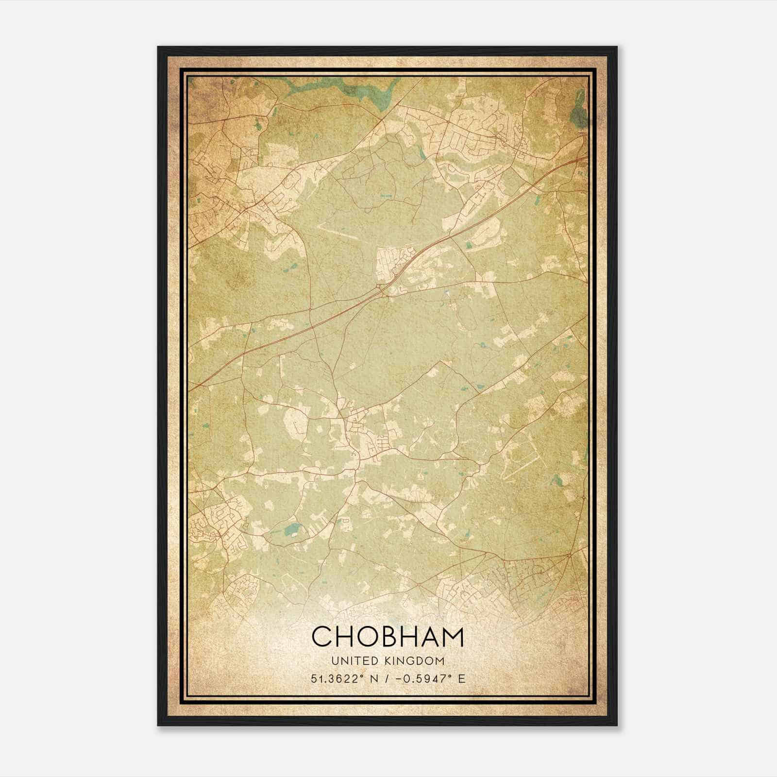 Vintage Chobham United Kingdom Map Poster, Chobham City Road Wall Art Print