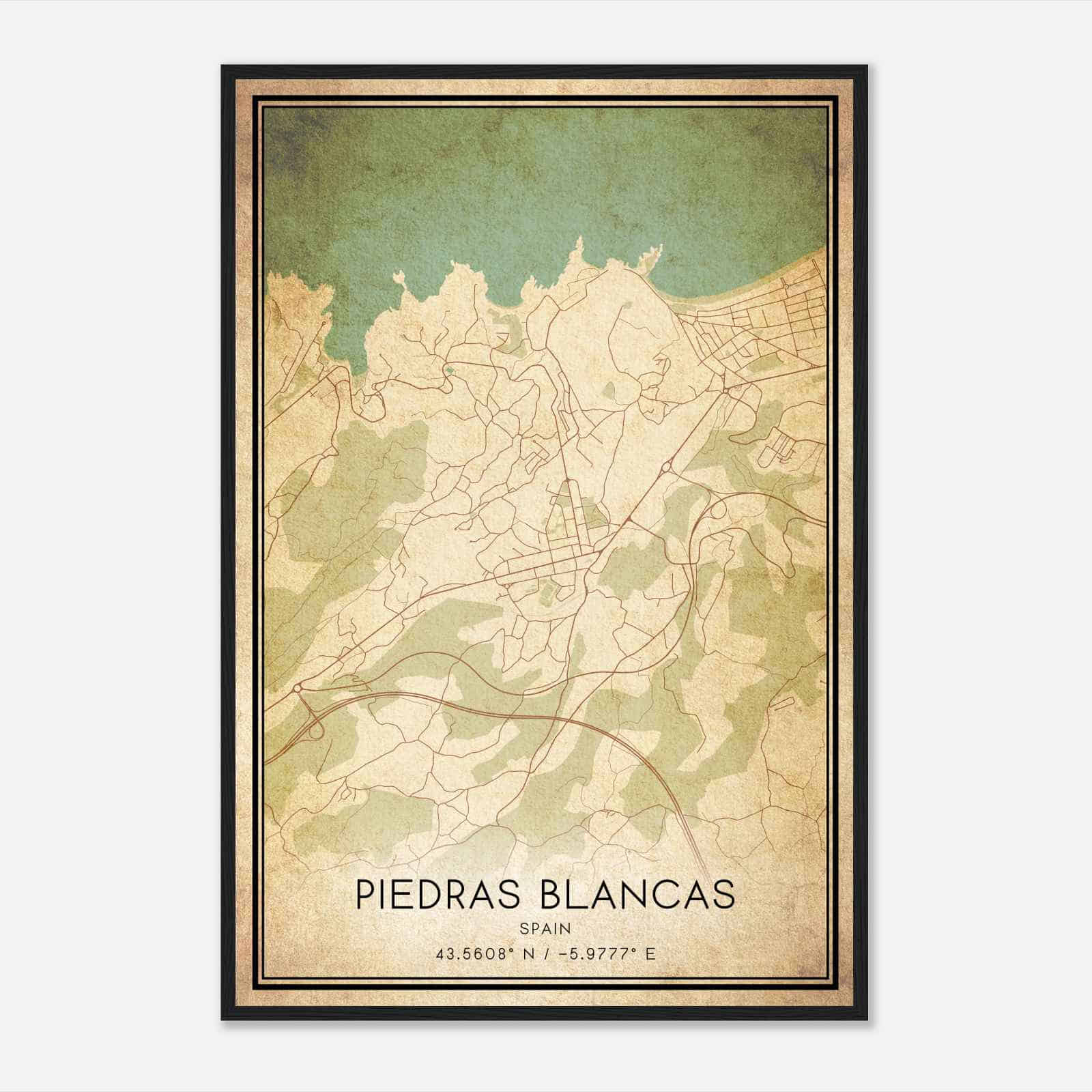 Vintage Piedras Blancas Spain Map Poster, Piedras Blancas City Road Wall Art Print