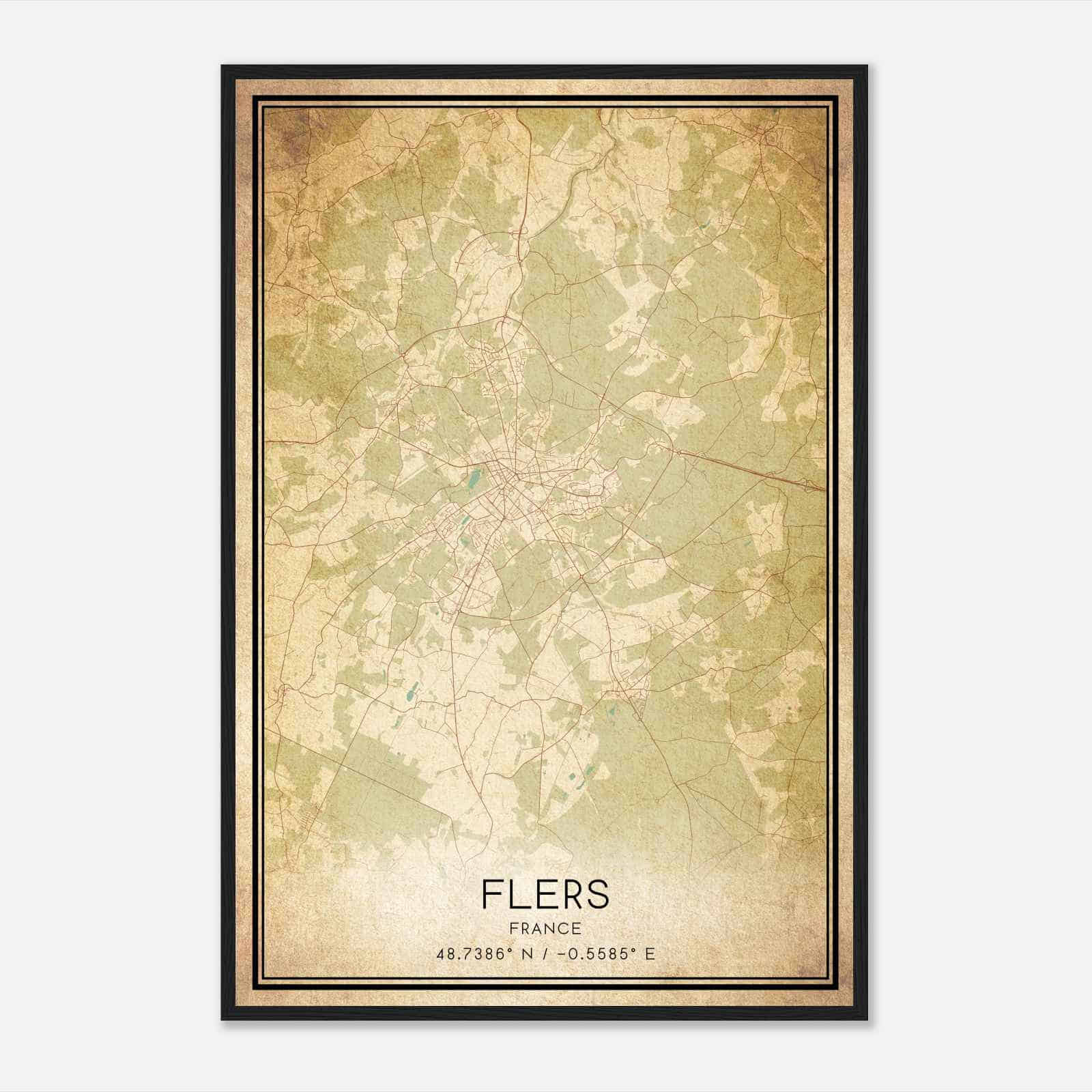 Vintage Flers France Map Poster, Flers City Road Wall Art Print
