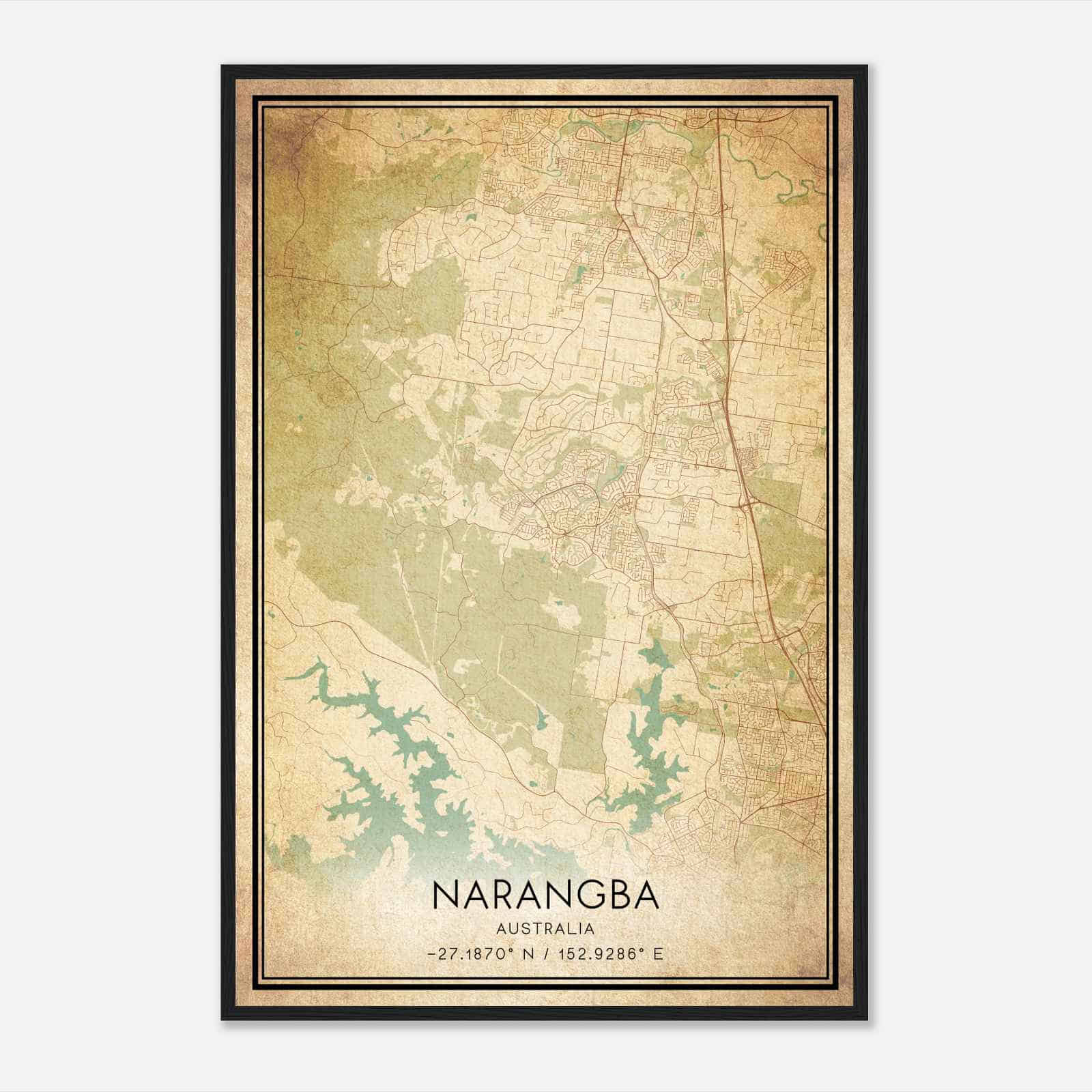 Vintage Narangba Australia Map Poster, Narangba City Road Wall Art Print