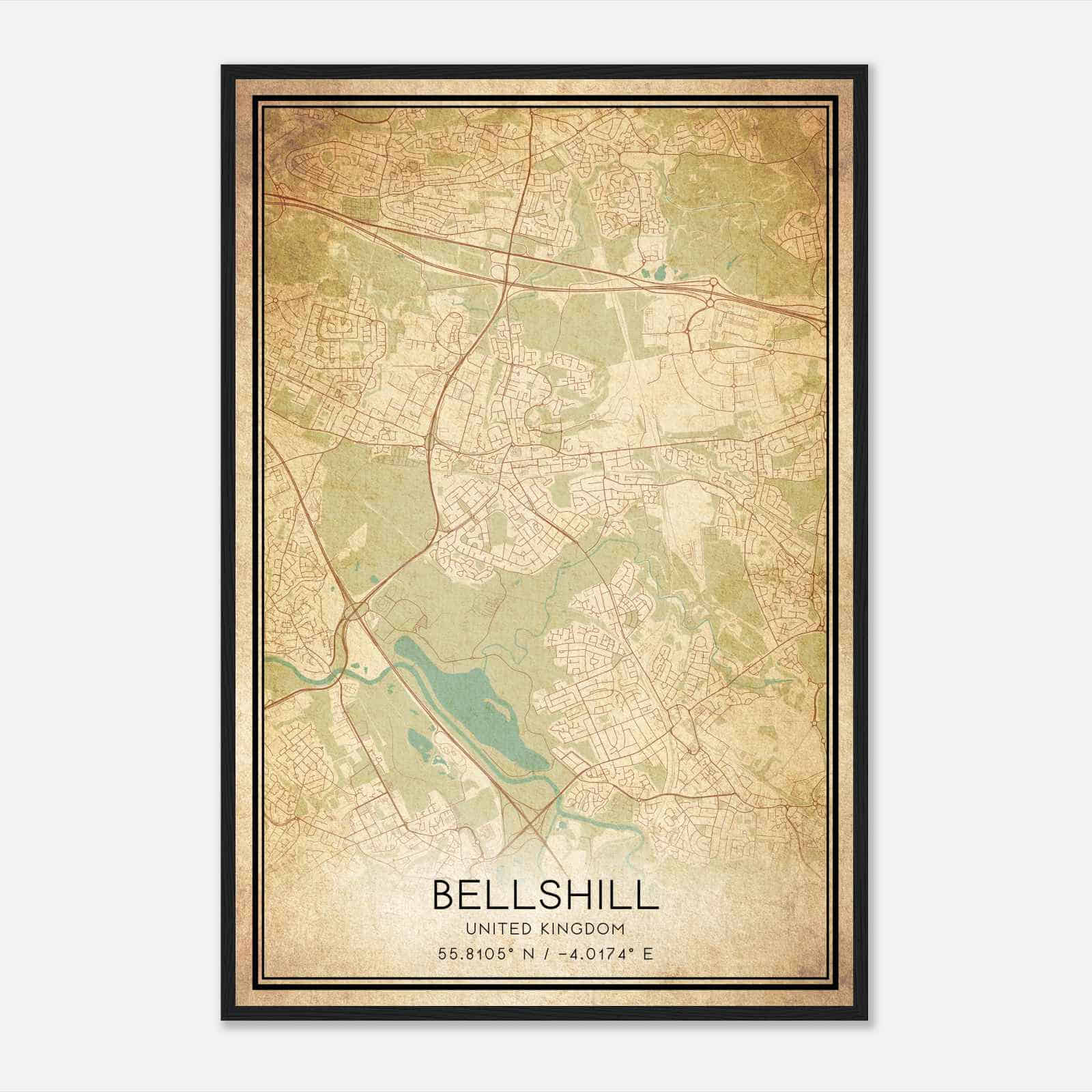 Vintage Bellshill United Kingdom Map Poster, Bellshill City Road Wall Art Print