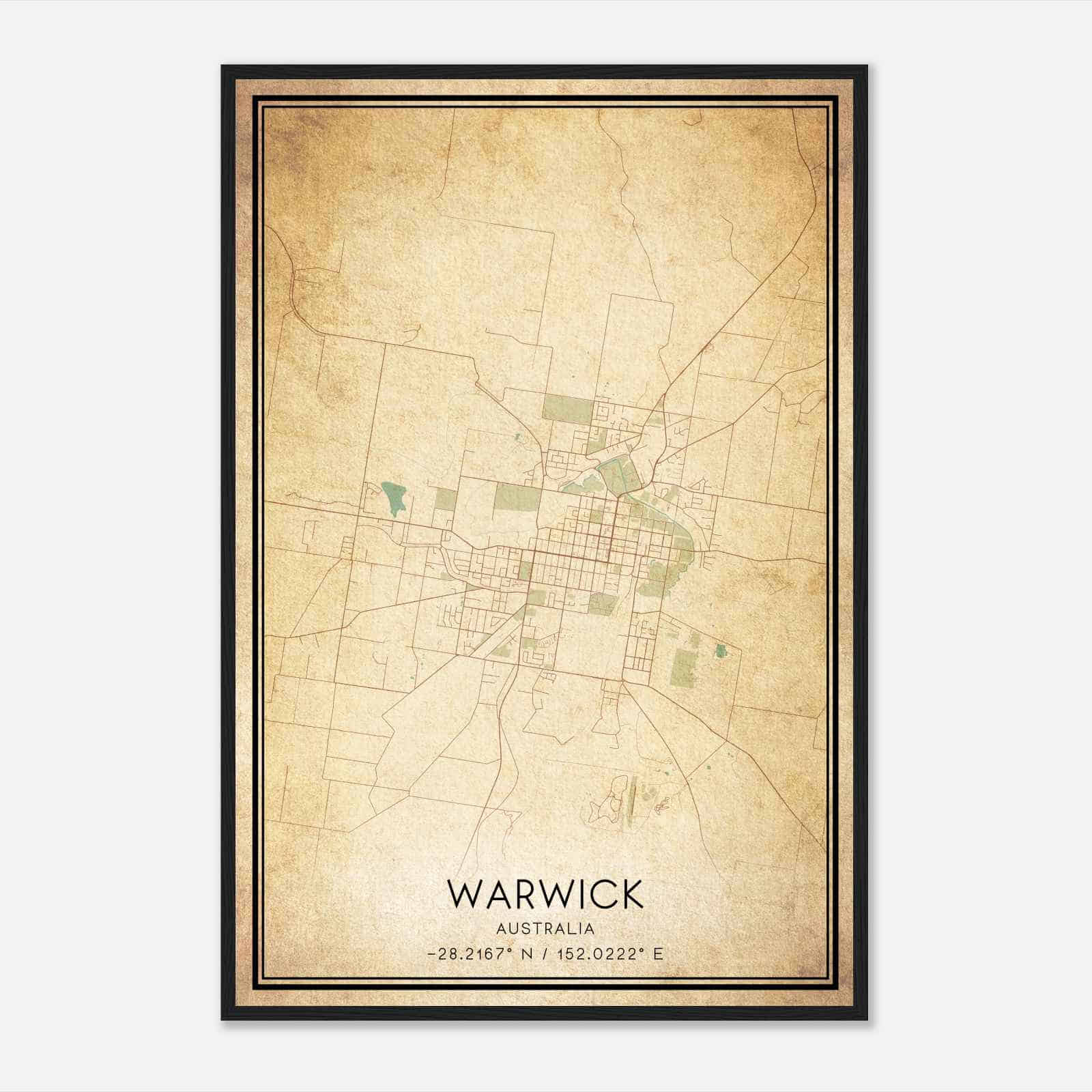 Vintage Warwick Australia Map Poster, Warwick City Road Wall Art Print