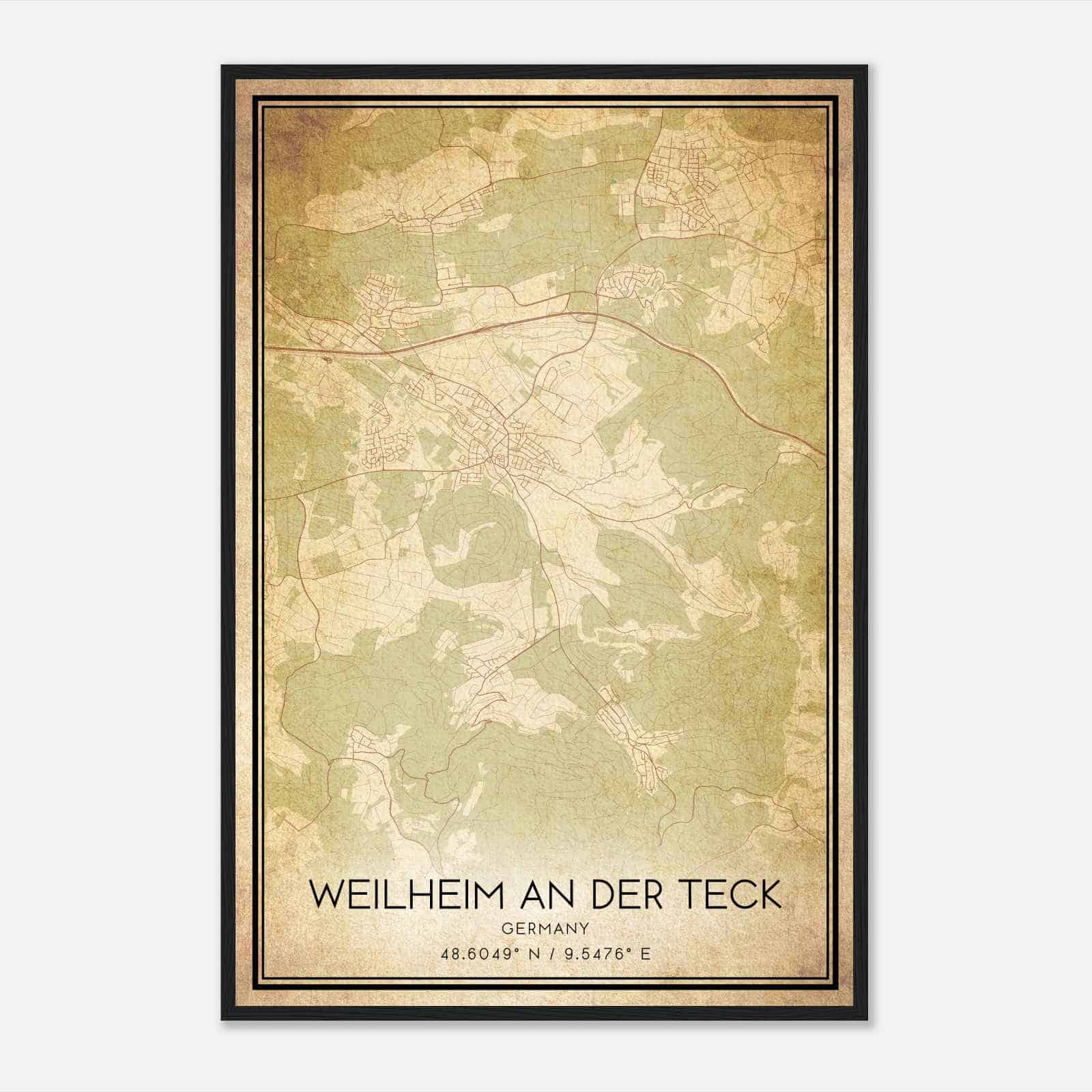 Vintage Weilheim an der Teck Germany Map Poster, Weilheim an der Teck City Road Wall Art Print
