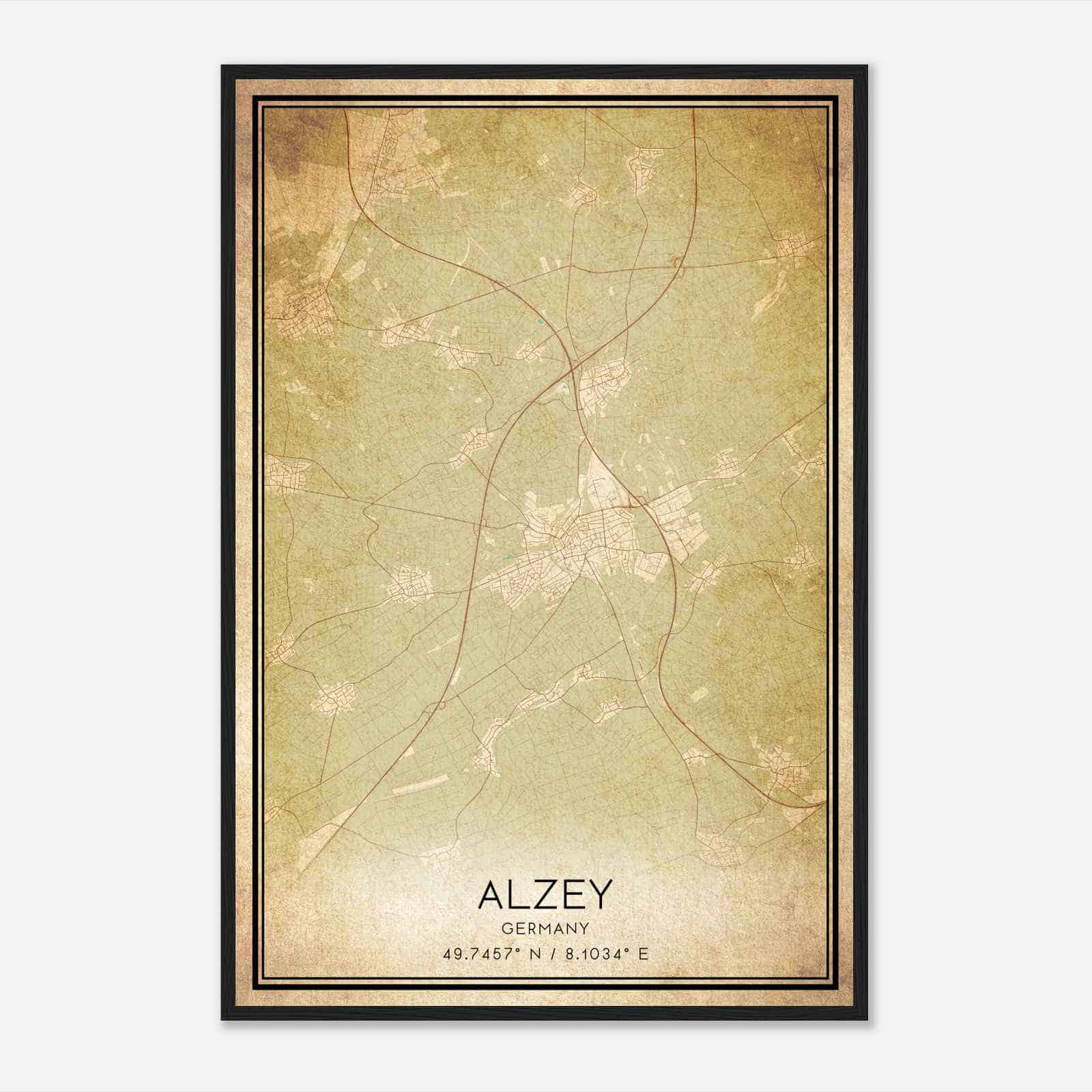 Vintage Alzey Germany Map Poster, Alzey City Road Wall Art Print