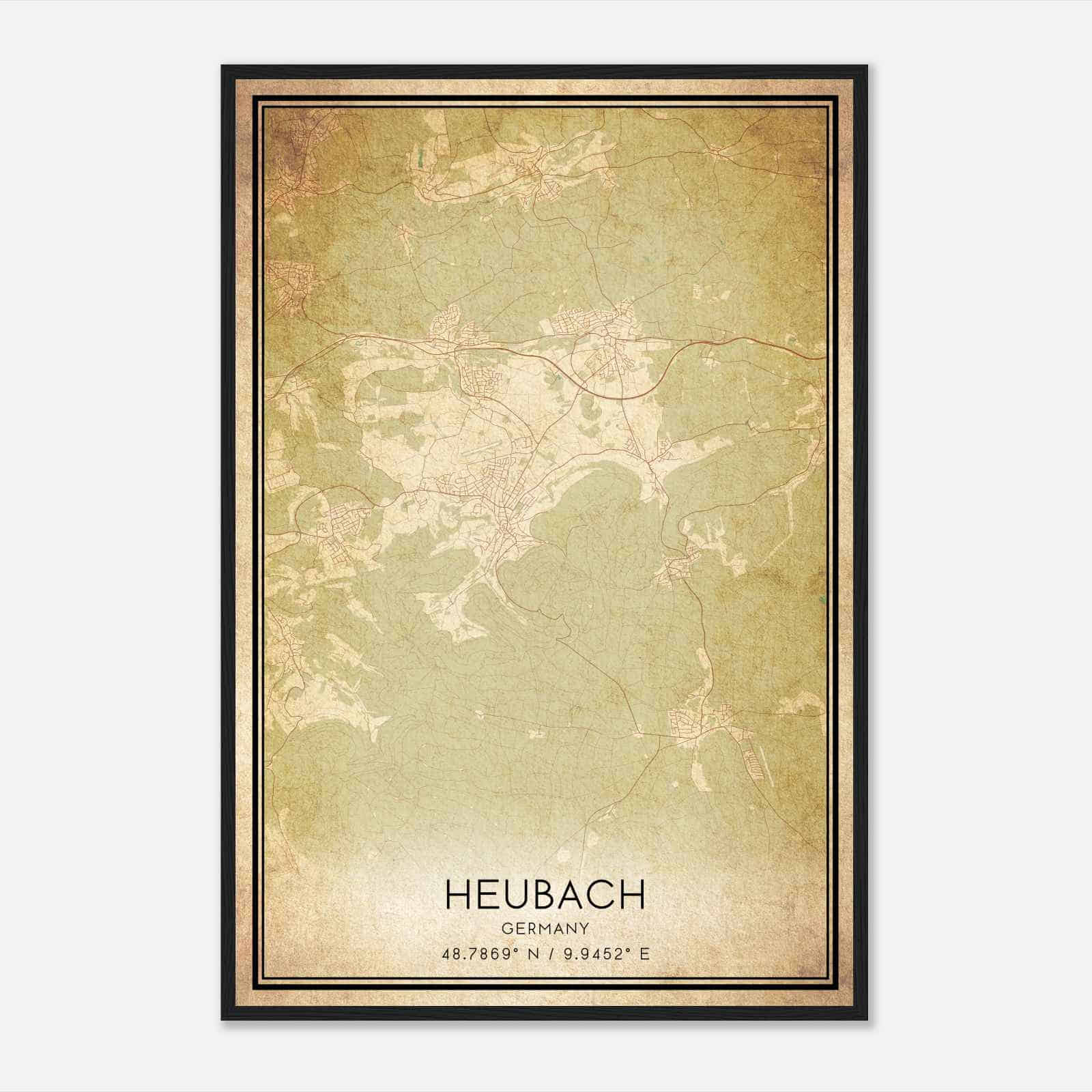 Vintage Heubach Germany Map Poster, Heubach City Road Wall Art Print