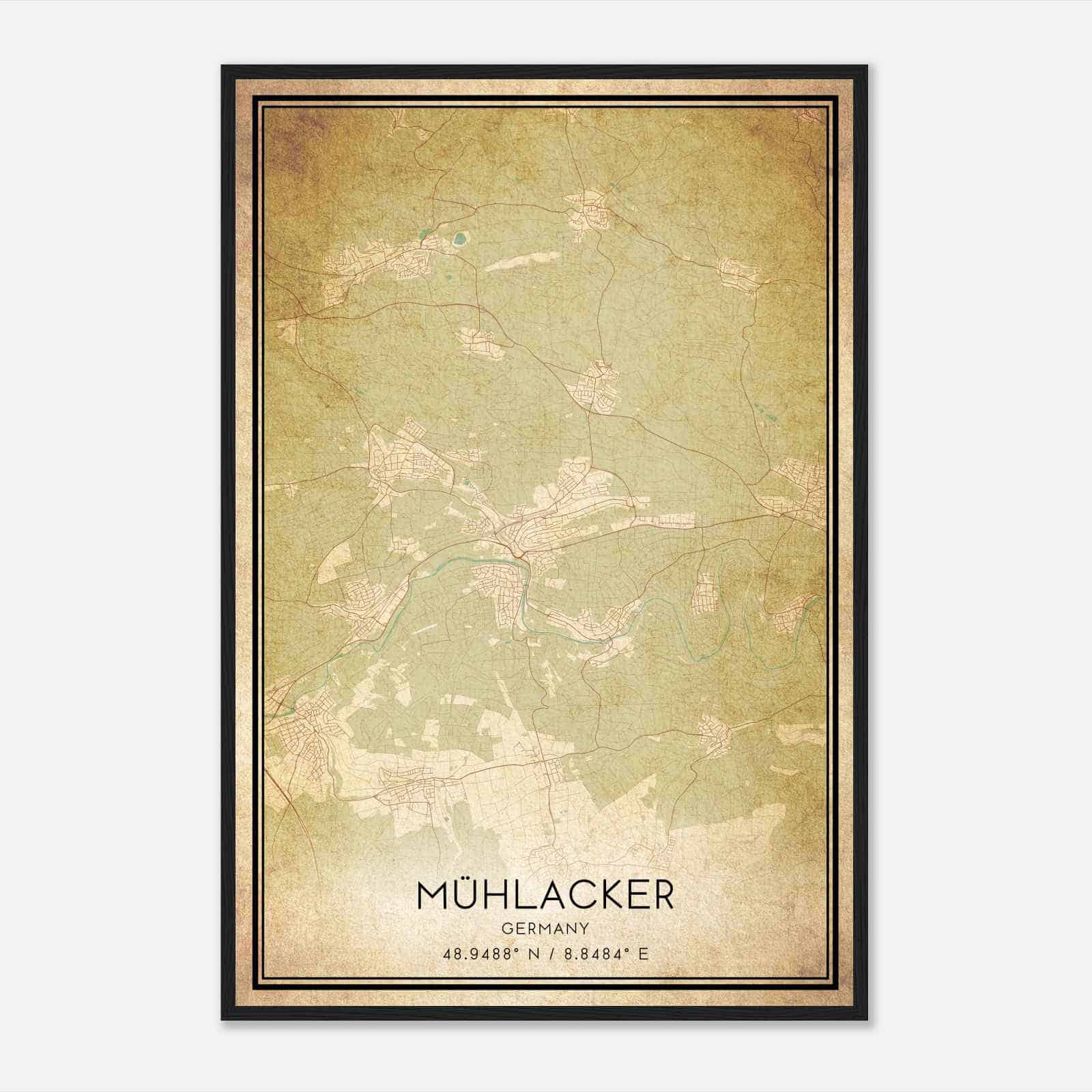 Vintage Muhlacker Germany Map Poster, Muhlacker City Road Wall Art Print