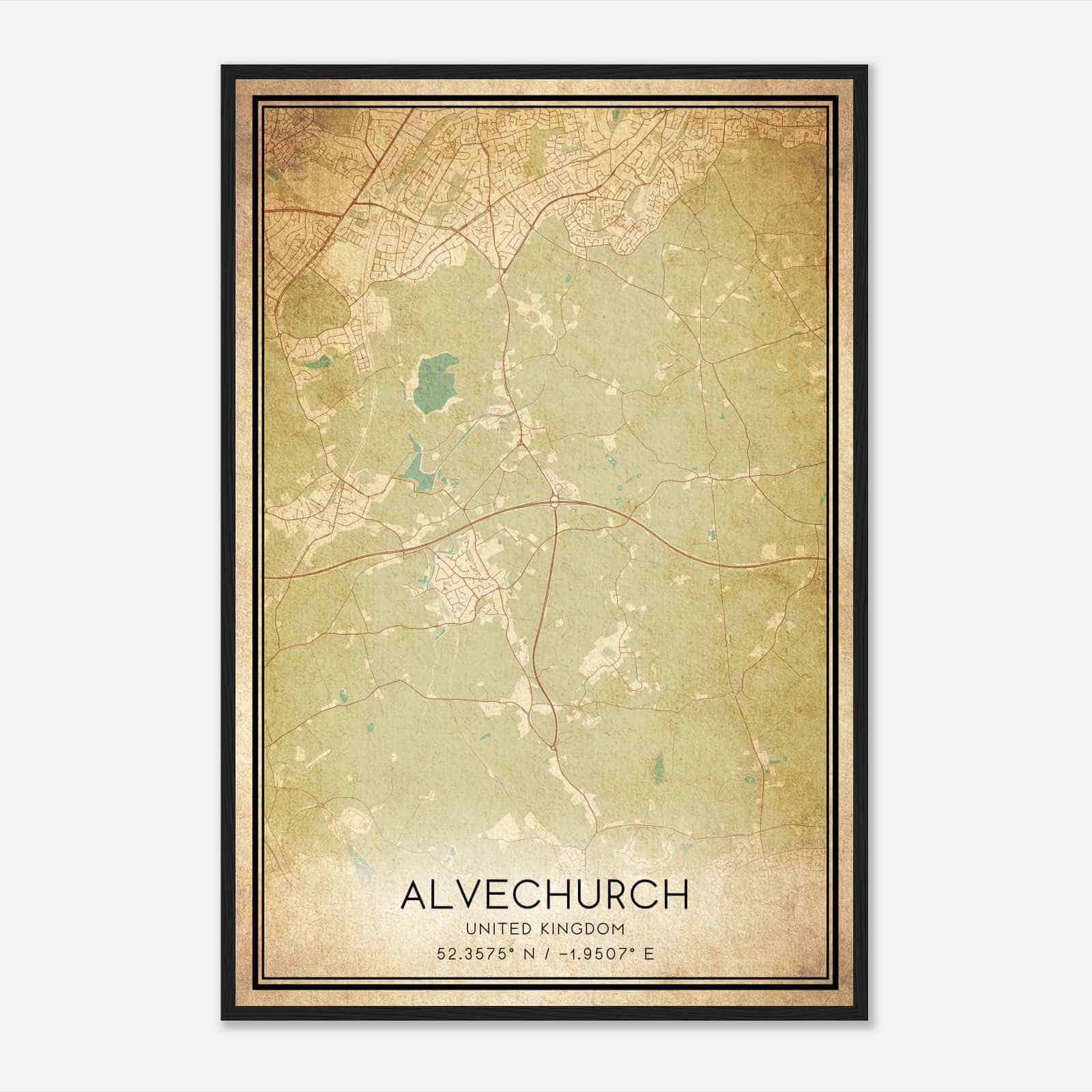 Vintage Alvechurch United Kingdom Map Poster, Alvechurch City Road Wall Art Print
