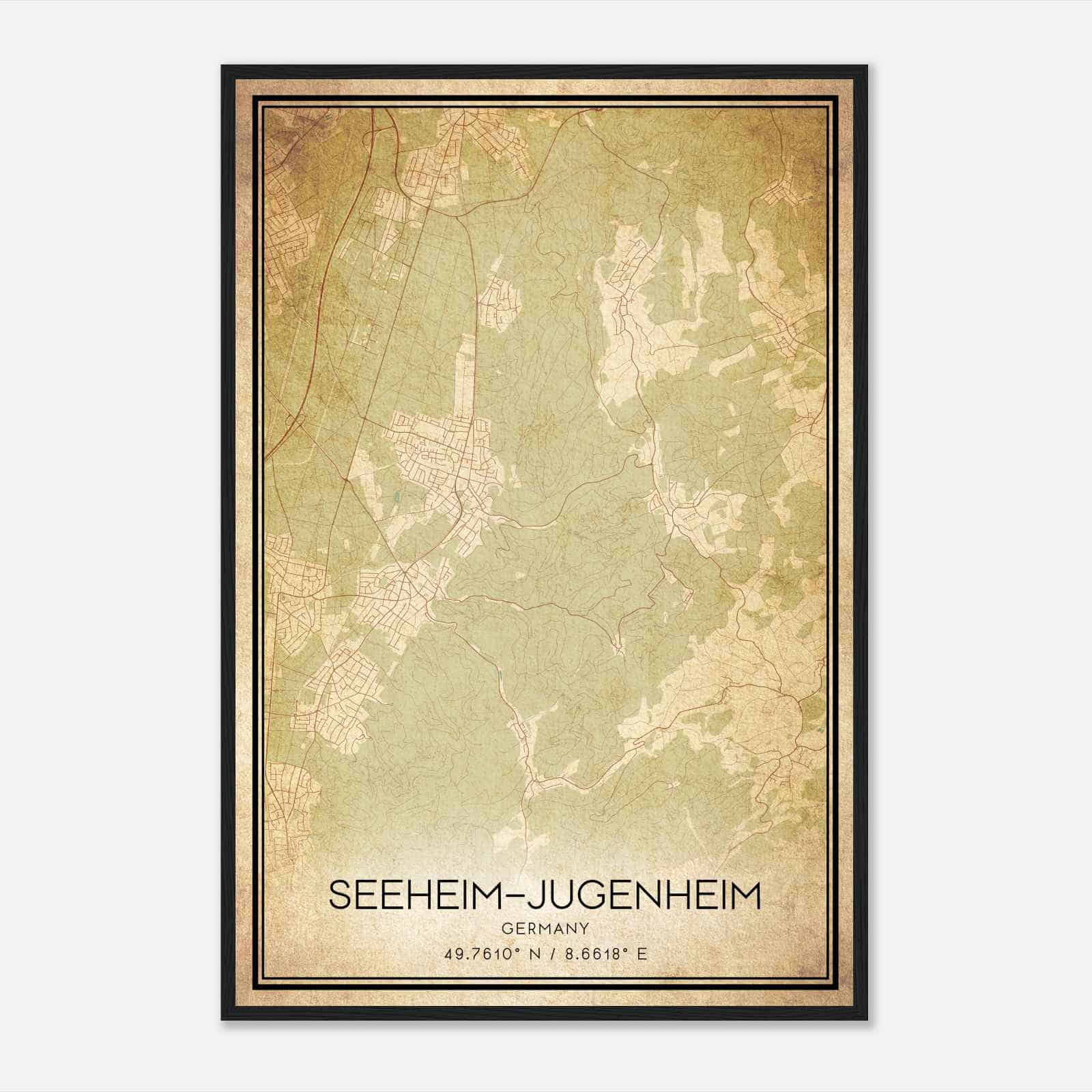 Vintage Seeheim-Jugenheim Germany Map Poster, Seeheim-Jugenheim City Road Wall Art Print