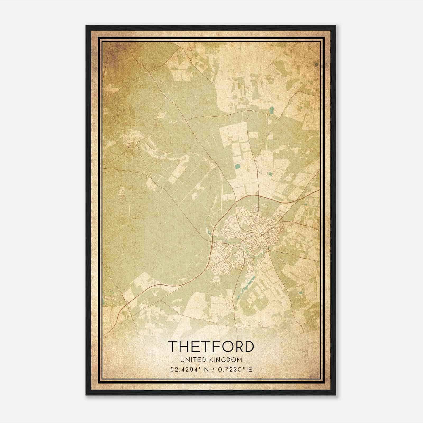 Vintage Thetford United Kingdom Map Poster, Thetford City Road Wall Art Print